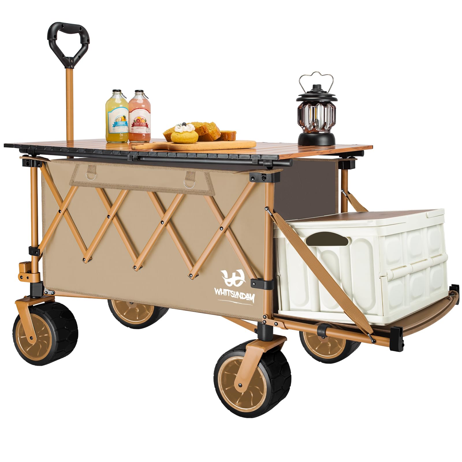 Collapsible Folding Wagon with Table,Heavy Duty Utility Beach Wagons with Opened Tailgate and All-Terrain Wheels for Camping,Garden,Sports Khaki