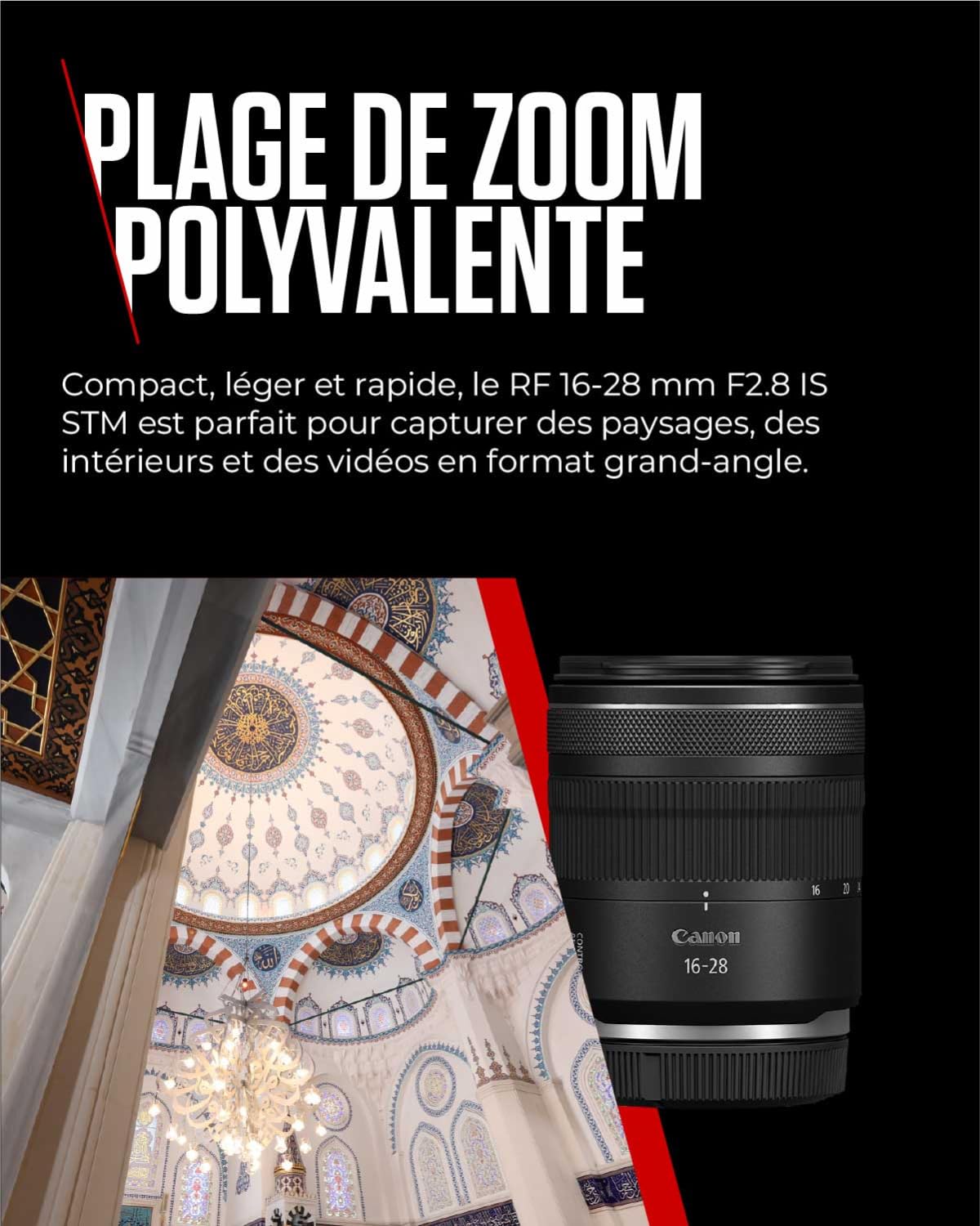 Objectif Canon RF 16-28 mm F2.8 is STM, Zoom Ultra Grand-Angle, Stabilisateur d'image Optique à 5,5 Viteses, Paysage et Voyage, Compatible Canon EOS R