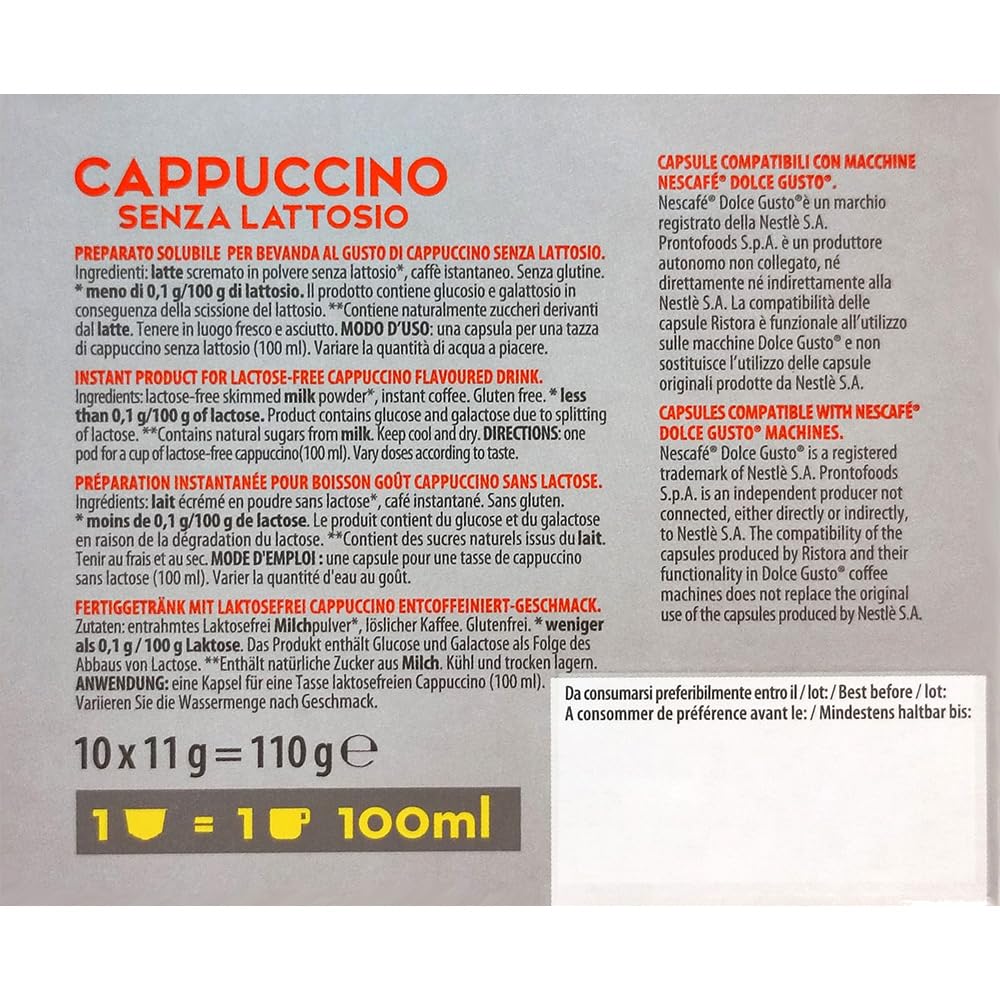 Ristora - Cápsulas de café Dolce Gusto, Capuccino sin azúcar añadido, 160 unidades