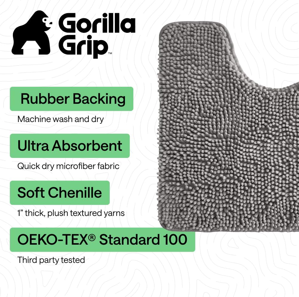 GORILLA GRIP Bathroom Rug Sets 3 Piece, Bath Mat Set and Oval Toilet Base with Rubber Backing, Plush Absorbent Shaggy Chenille Washable Mats, Includes 24x19.5, 24x17 and 36x24 Inch Rugs, Grey