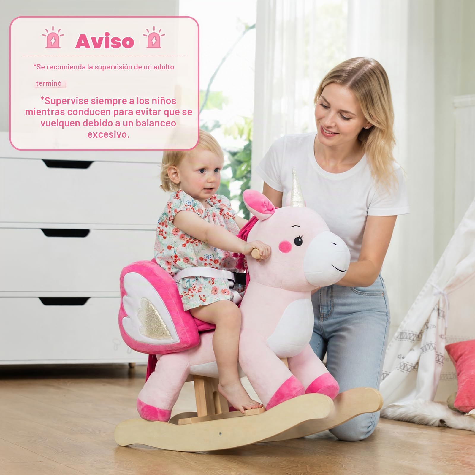 Labebe - Unicornio Rosa Mecedora Caballo Balancín para Niña 1-3 Años, Juguete de Madera y Peluche con Columpio