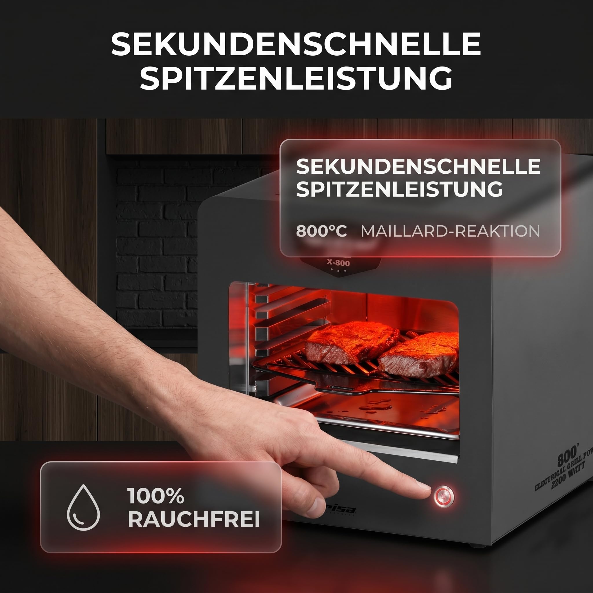 Trisa BBQ Grill X-800 2200W, 800°C Oberhitzegrill, Rauchfrei Indoor Outdoor | 2200W Halogen, 800°C Oberhitze, Pizzastein & Schaufel Inklusive; Grillrost, 2 Auffangschalen, Flaschenöffner