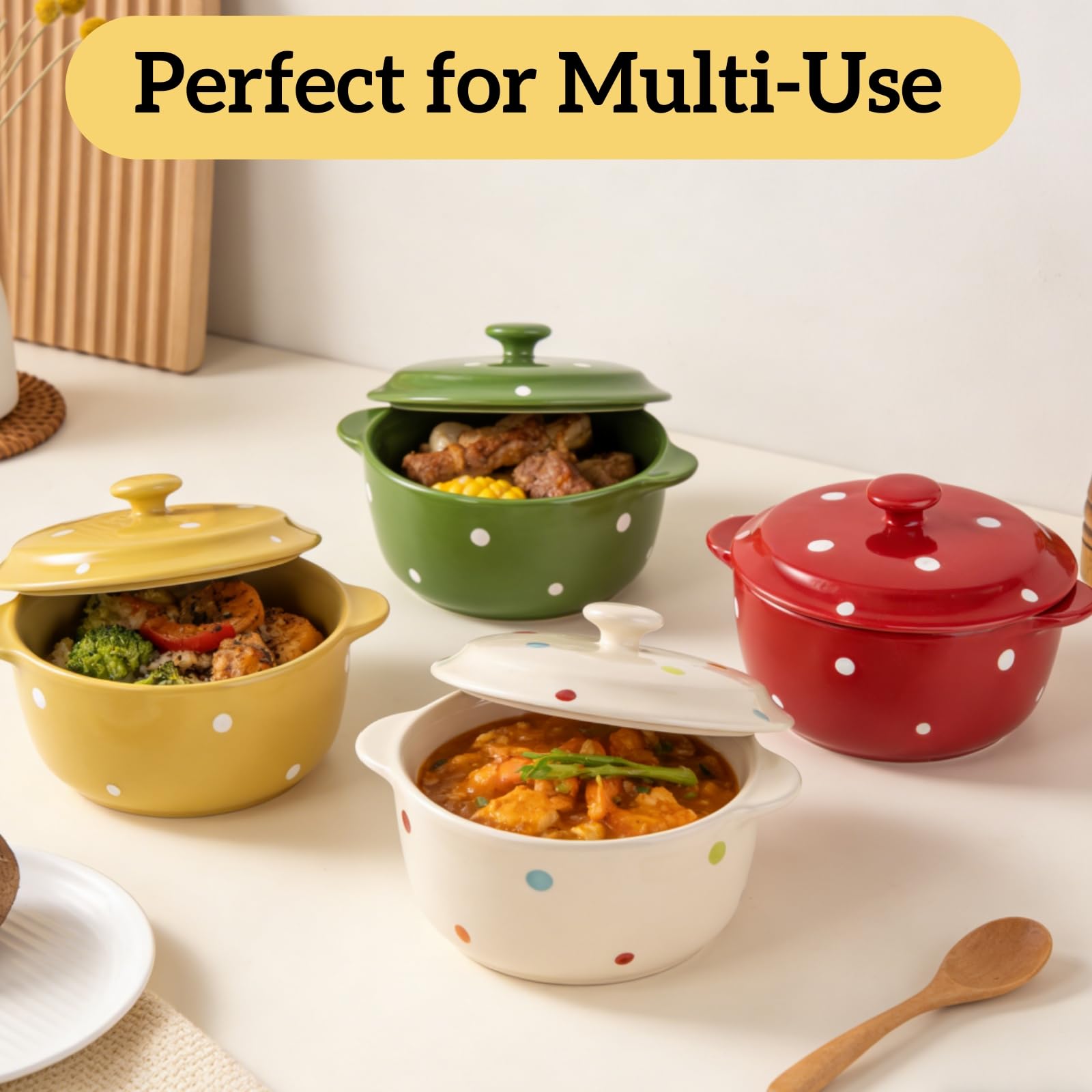 AVLA 4-pak porcelanowych ramekinów, mini miska do zapiekania 255 ml z pokrywką i uchwytem, ceramiczne miski do zupy sufletowej, kremowe brulee, nadają się do piekarnika, mini naczynie do zapiekania (w