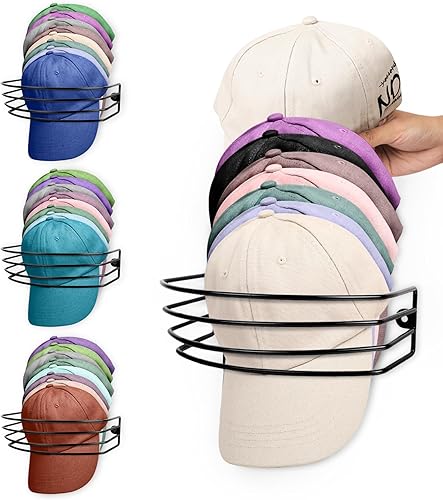 VZZNN Paquete de 3 percheros para gorras de béisbol, organizadores de sombreros de metal para pared y puerta, ganchos negros para almacenamiento de