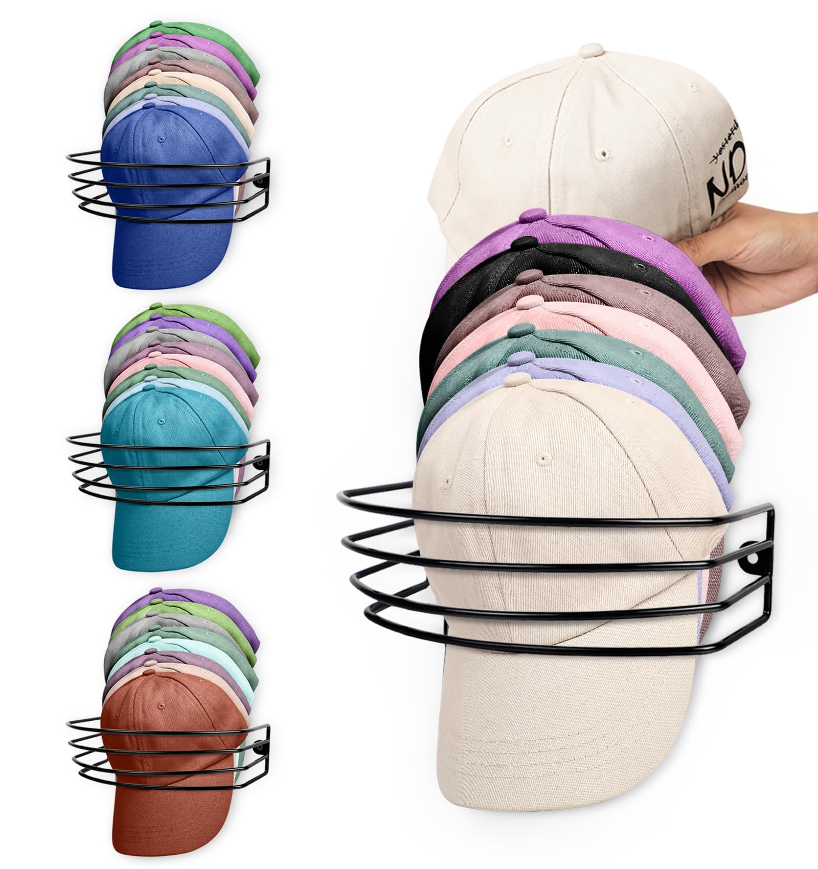 VZZNN 3 Pack Hat Rack for Wall Closet,Metal Hat Organizer for Baseball Caps,Hat Storage Hold Up to 30 Baseball Caps,Nail-free,wall-friendly,Black
