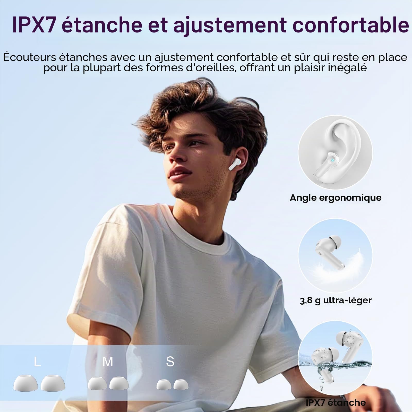 Ecouteurs Bluetooth sans Fil, 48H Écouteur Bluetooth 5.4 avec Écran Tactile Multifonction, IPX7 Étanche Stéréo Immersif Ecouteurs sans Fil avec Réduction du Bruit ANC/ENC/Mode Transparence, Blanc