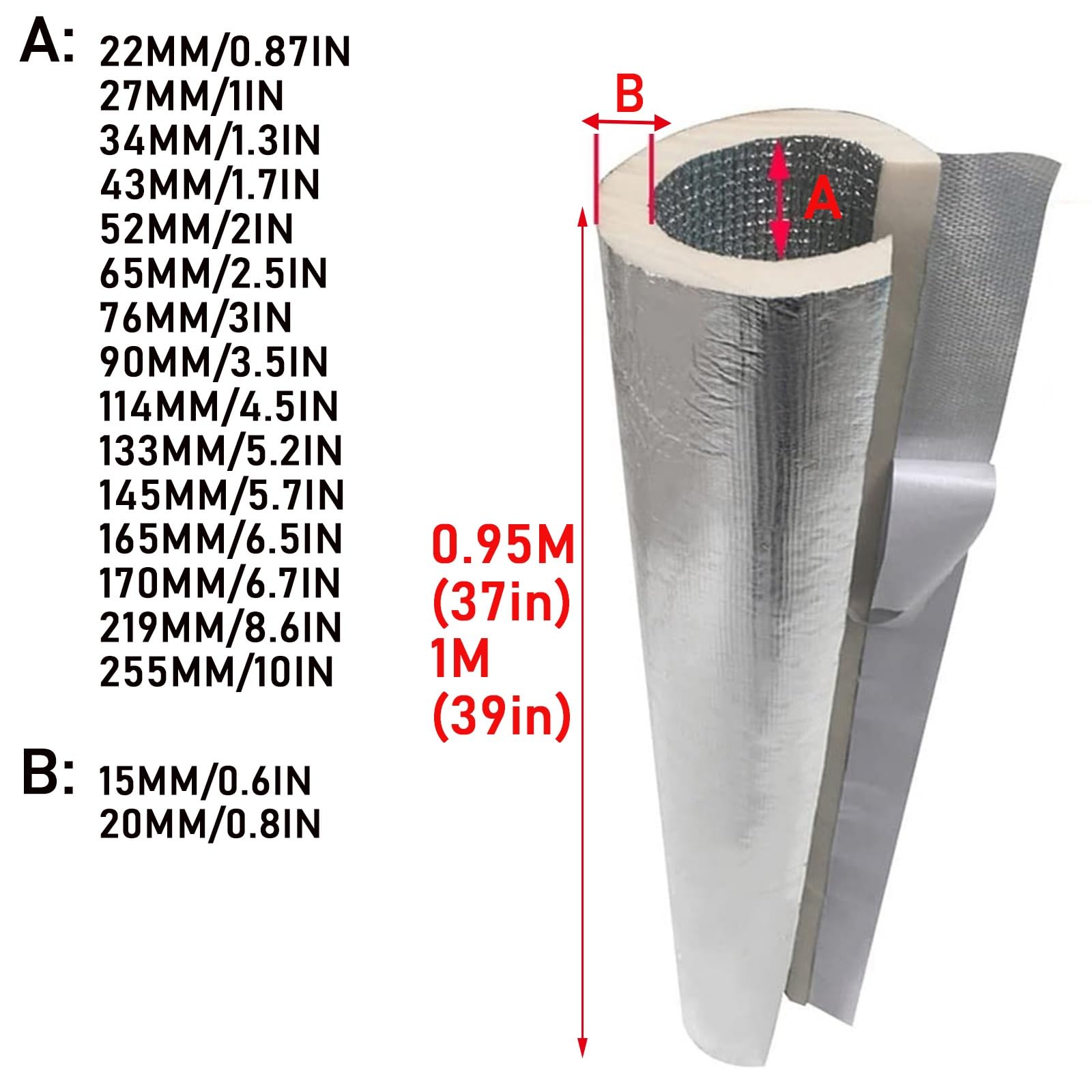 Tubería De Aislamiento Aislante Tuberias Agua, Fundas De Aislamiento Térmico para Tuberías Exteriores, Retardante De Llama, Anticongelante, para Tubos Fríos O Calientes(L 1m-170mm/6.7in-20mm)