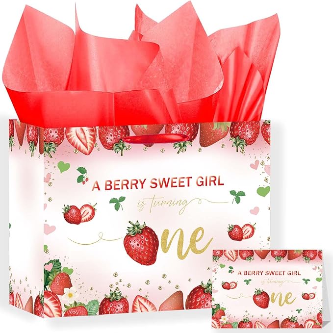 SUNDECO Strawberry Themed 1st Birthday Gift Bag with Red