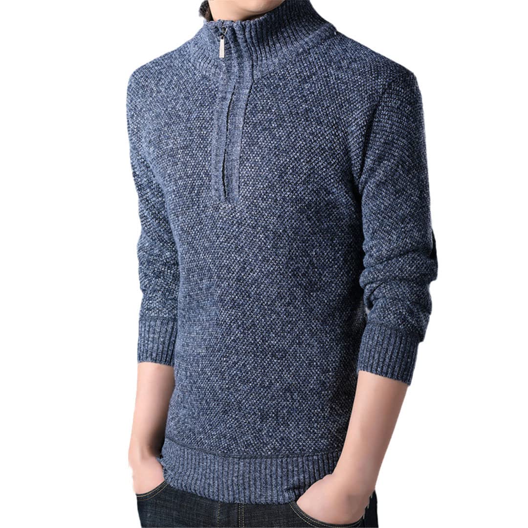 Maglione da uomo a collo alto solido casual slim fit pullover mezza cerniera spessa maglione lavorato a maglia, Blu, M