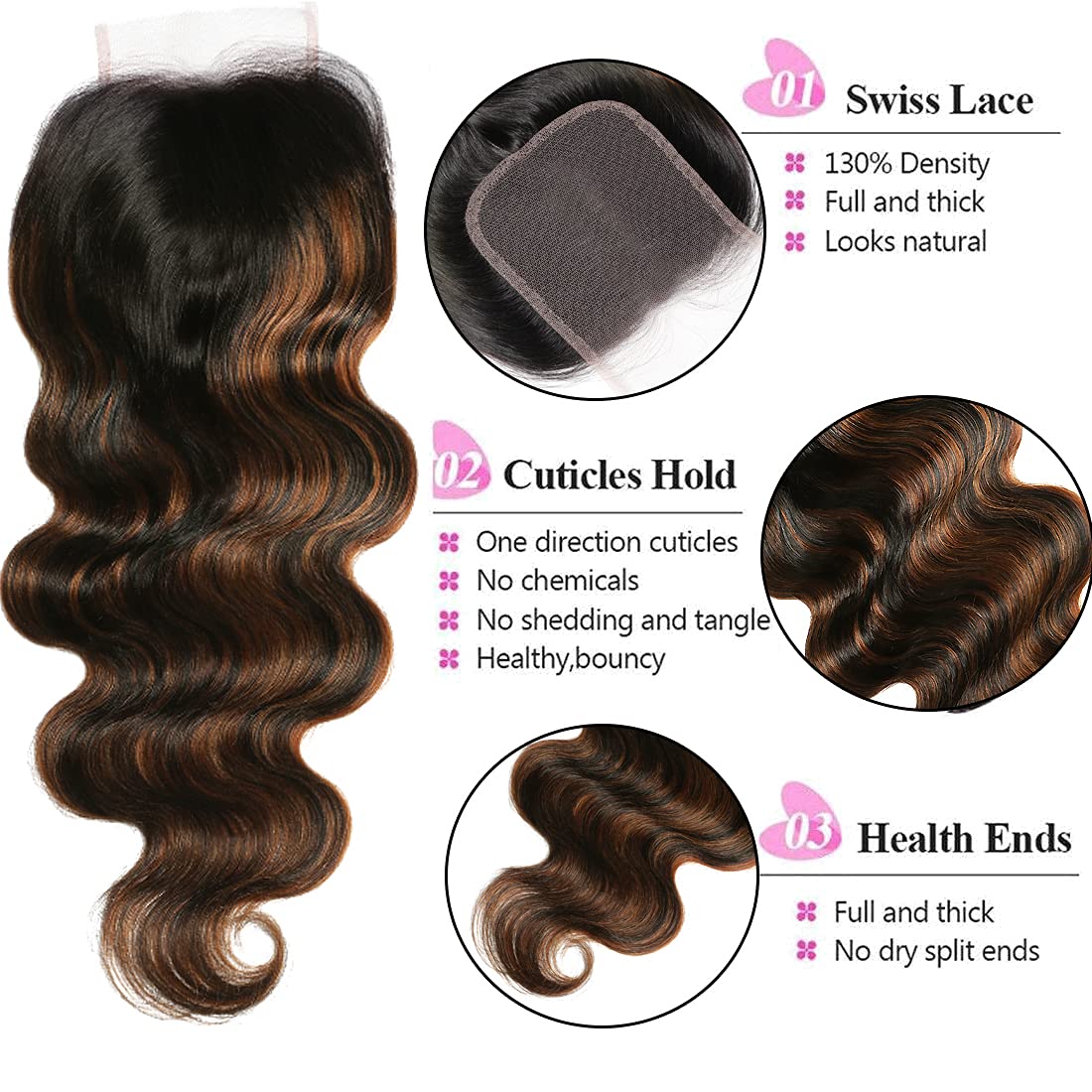 UNICE Brown Highlight Body Wave Human Hair 3 Bundles with 4x4 lace closure, Brazilian Remy Hair Ombre Human Hair Wavy Weaves FB30 Color 16 18 20+14 Closure