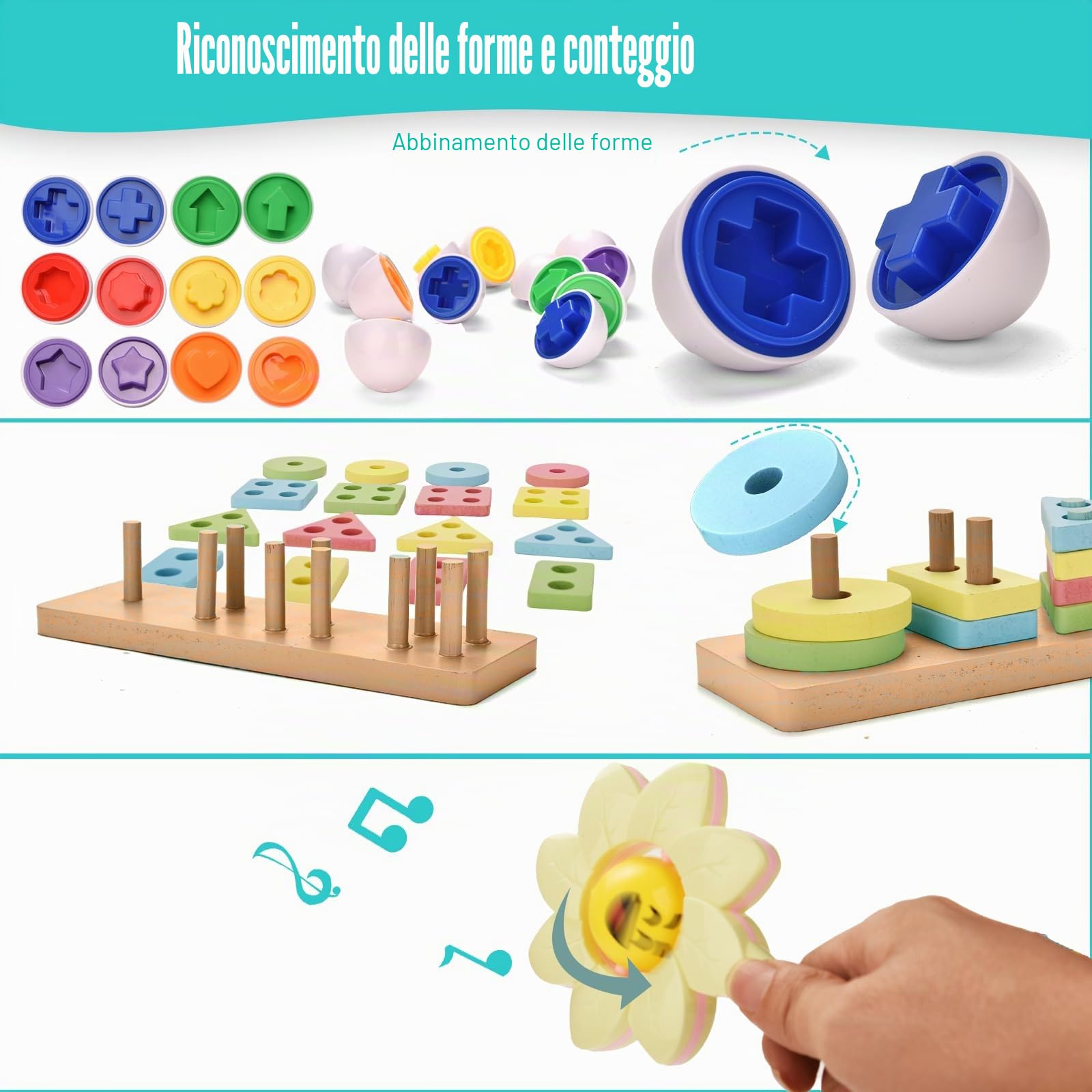 Giocattoli Montessori per bambini dai 6 ai 18 mesi, giocattoli sensoriali ed educativi 9 in 1 per neonati, giocattoli con torre impilabile e ventosa, giochi di abbinamento