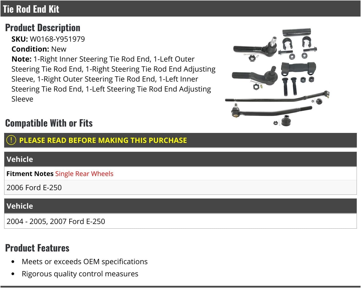 Tie Rod End Kit - 6 Piece - Compatible with 2004-2007 Ford E-250