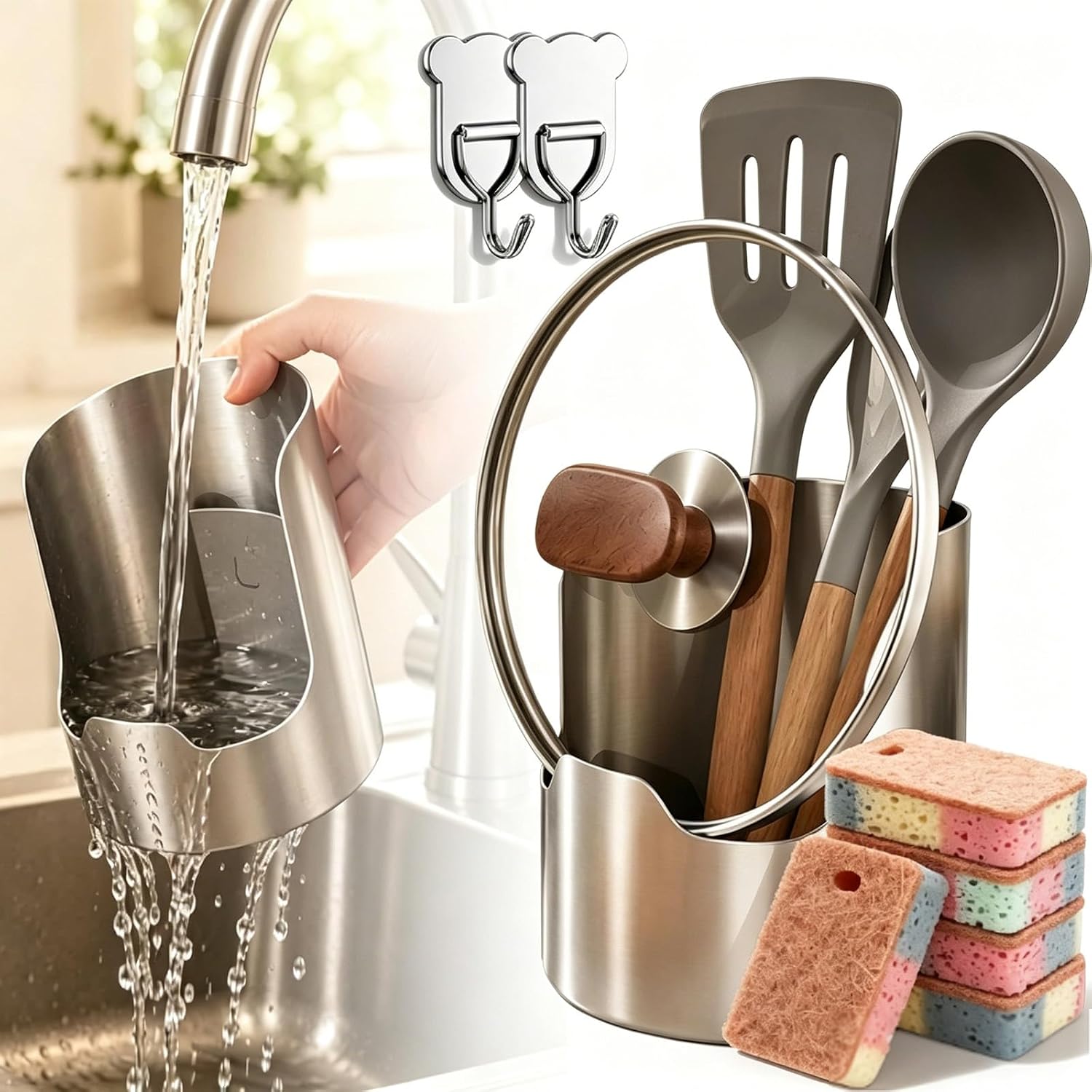 Multi-Functional Kitchen Utensil Holder – Holds pot lids, Spatulas & Cutting Boards. Thickened 304 Stainless Steel Countertop Organizer, Space‑Saving, Anti-Slip Base, Rust Resistant,1Pcs