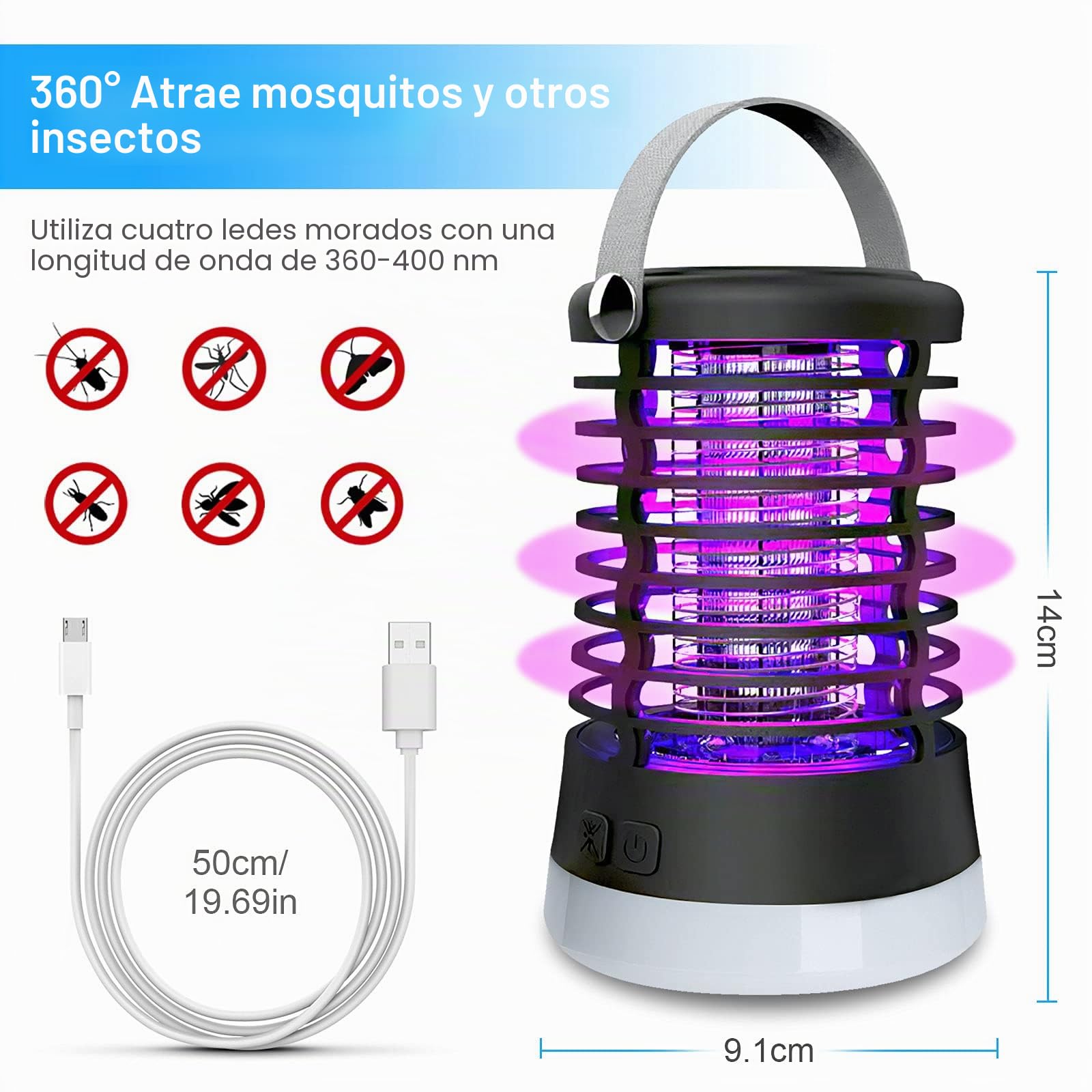 Lámpara Antimosquitos Eléctrico Recargable, Mosquitera Eléctrica USB 3 En 1 Trampa para Mosquitos 2200mAh Recargable A Prueba De Agua, 3 Modos Matamoscas IP66 para Interior Exterior