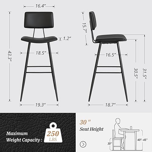 Miniatura 16 de Juego de 2 taburetes de bar de altura de mostrador de 24.5 pulgadas, taburetes de bar tapizados de piel sintética negra con reposapiés trasero y