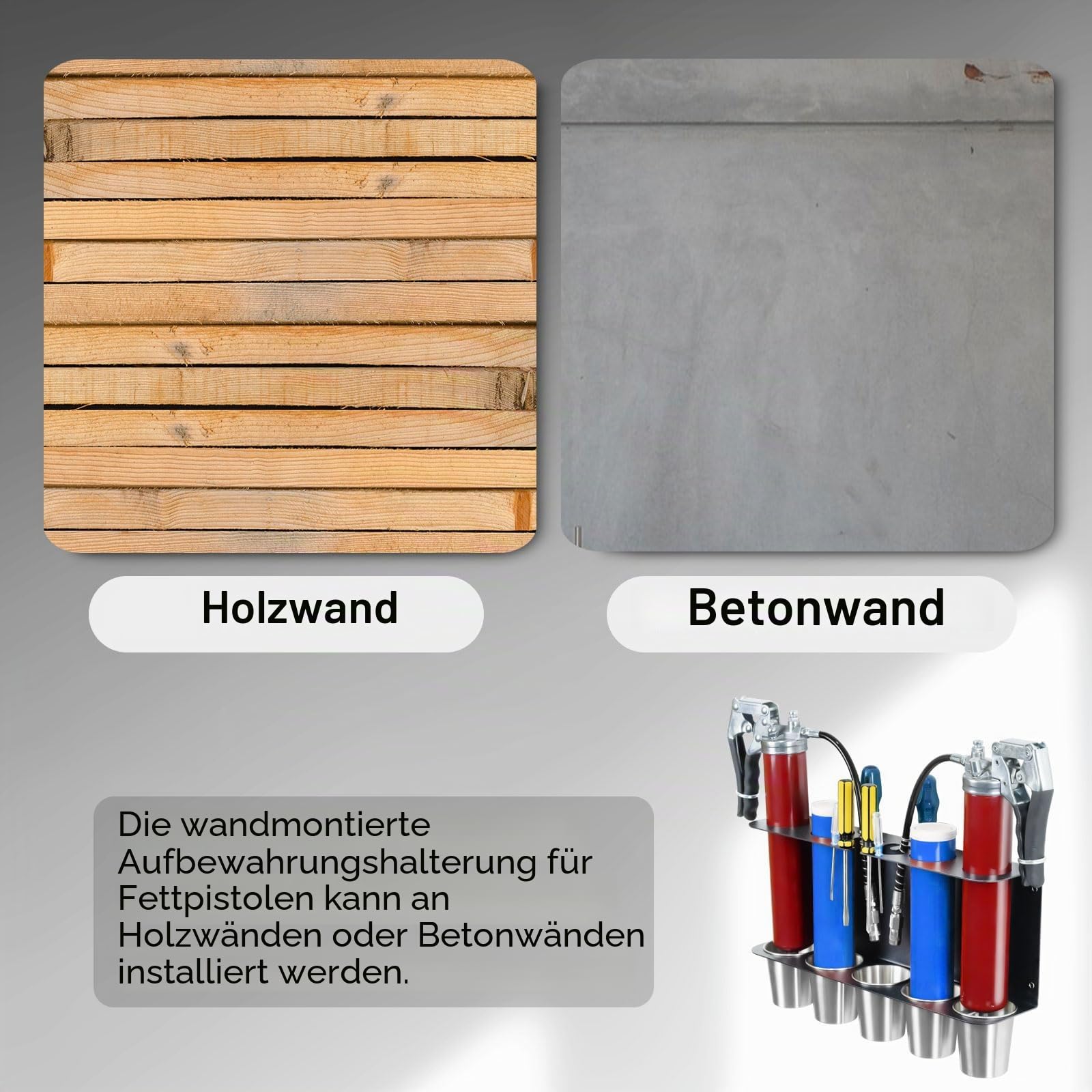 Fettpressenhalter, Wandhalterung, Aufbewahrungsregal, kompatibel mit 2 Fettpistolen, Organizer mit 5 abnehmbaren Tropfbechern für Garage und Geschäft, Werkstatt, Aufbewahrung, Schwarz
