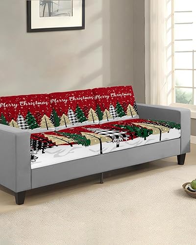 Miniatura 2 de Fundas de cojín para sofá de árbol de Navidad, lavables, diseño de copos de nieve rojos, color verde entramado, extraíble, elástico, para sofá en