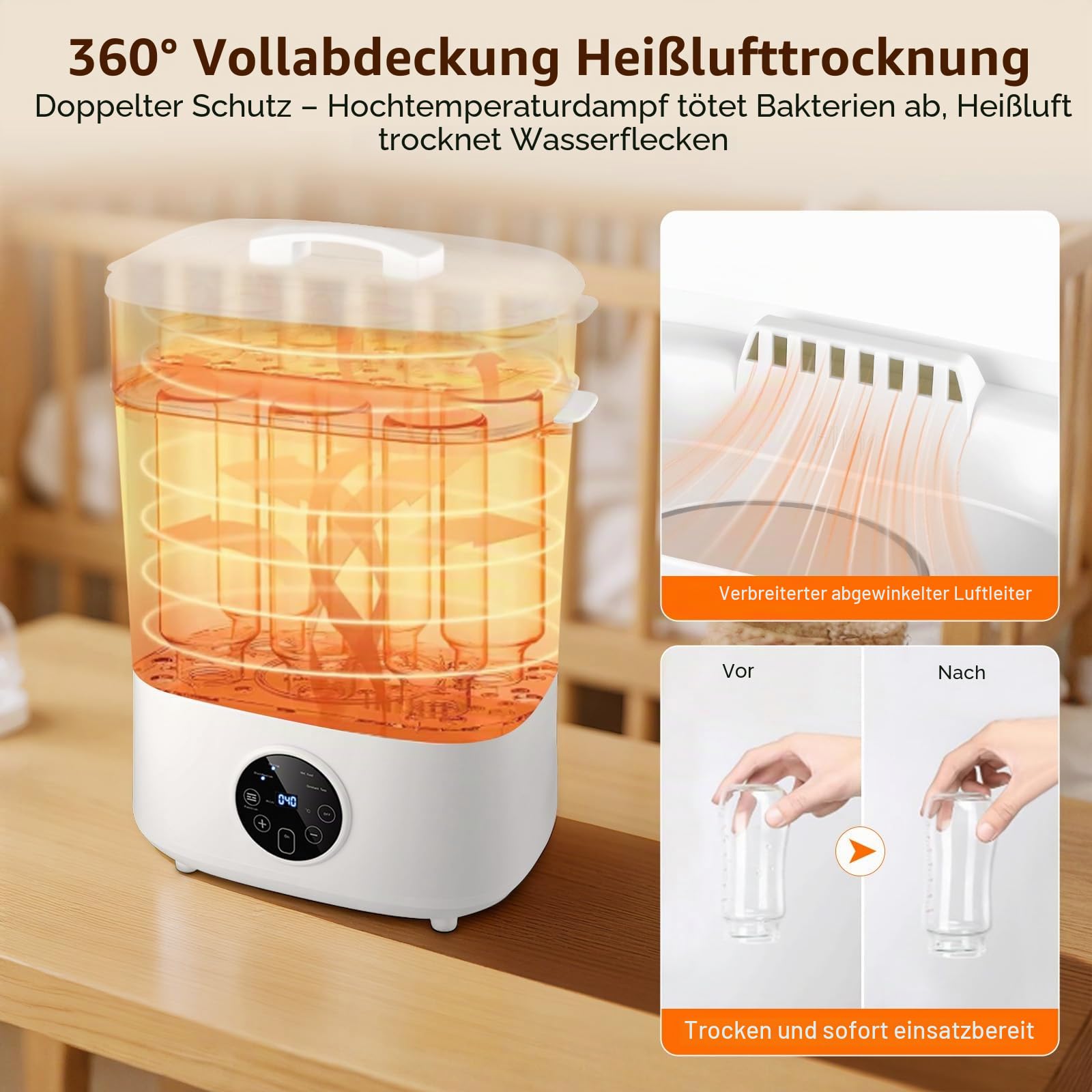 Sterilisator für Babyflaschen, Flaschen Sterilisator Baby | 5-in-1: Sterilisieren, Trocknen, Auto-Sterilisieren&Trocknen, Essen Aufwärmen, Flaschen Warmhalten | 8 Flaschen Kapazität, 24h Keimschutz