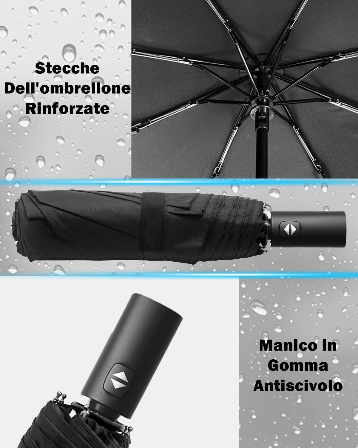 HW CASA Ombrello Pieghevole Antivento,apertura chiusura automatico,105 CM ombrello grandecon 8 Nervature in Lega di Fibra di Vetro,Compatto e Portatile ombrello automatico