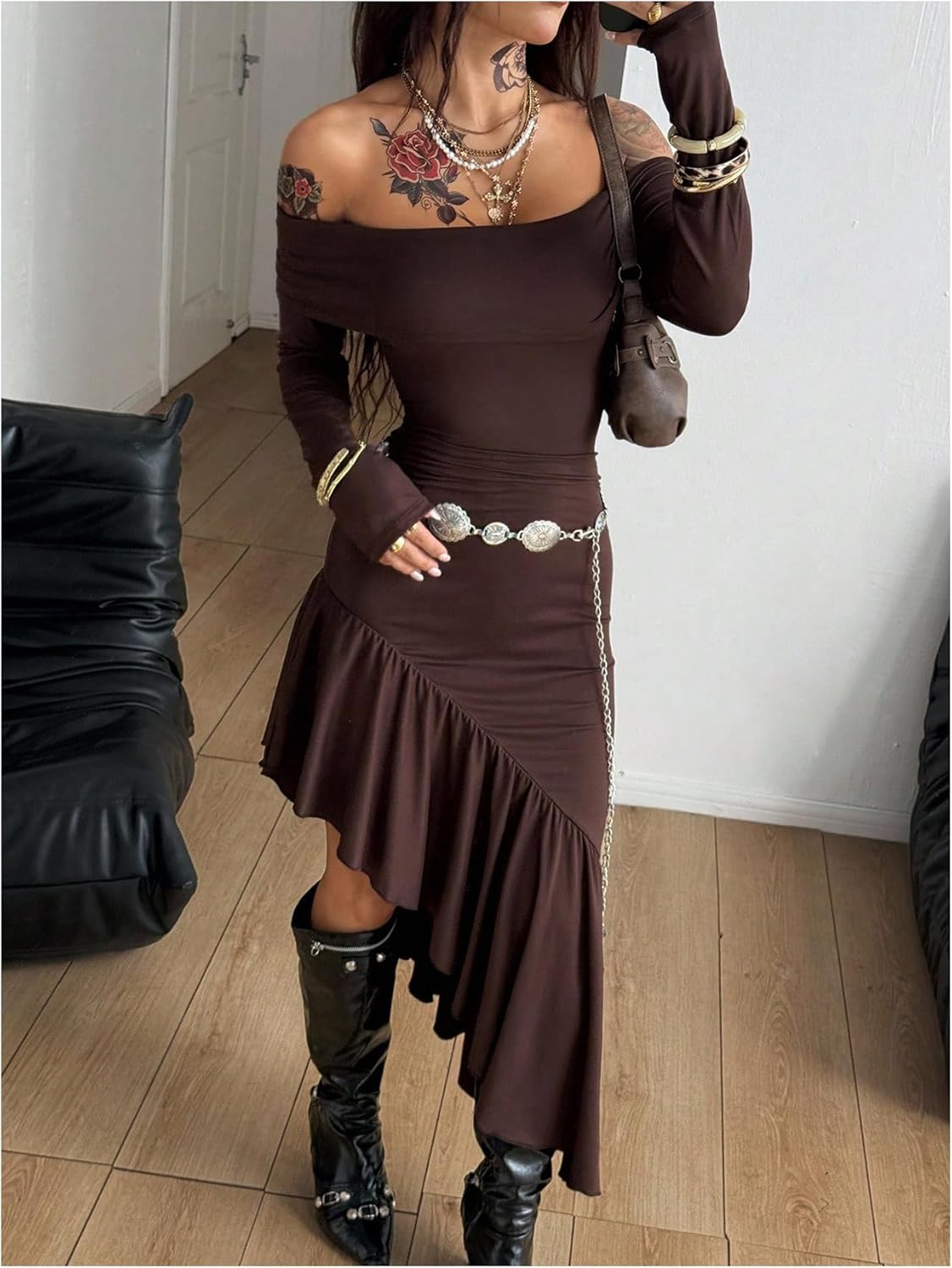 Milumia Women's Off Shoulder Long Sleeve Long Dress Y2k Ruffle Asymmetrical Bodycon Maxi Dresses - Image 4