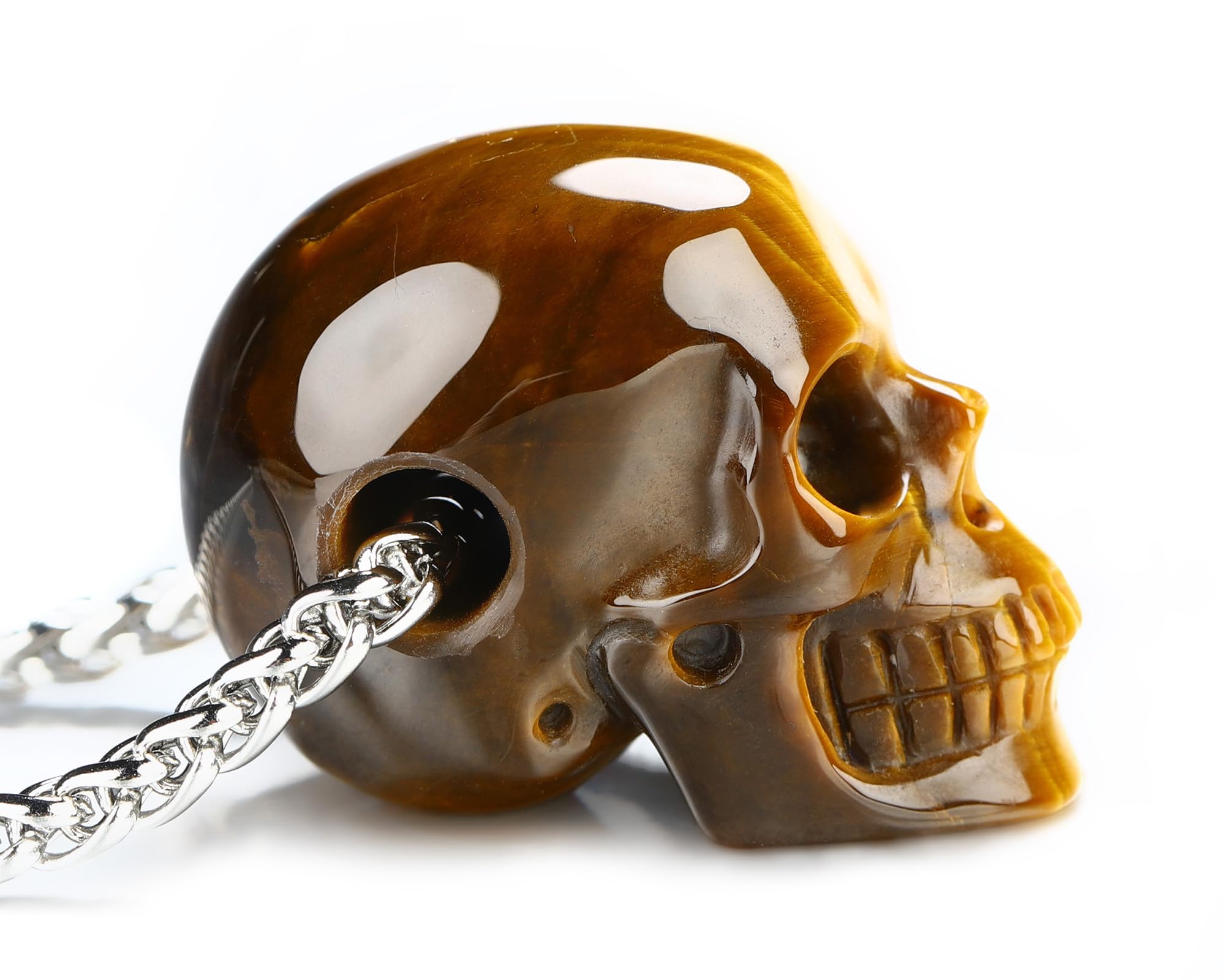 Skullis Necklace of Quartz/Black Obsidian Hand Carved Gem Crystal Skull Pendant for Men Women, Handmade One of A Kind Gift, Crystal Healing Skull Jewelry On The Go.: Gold Tiger's Eye