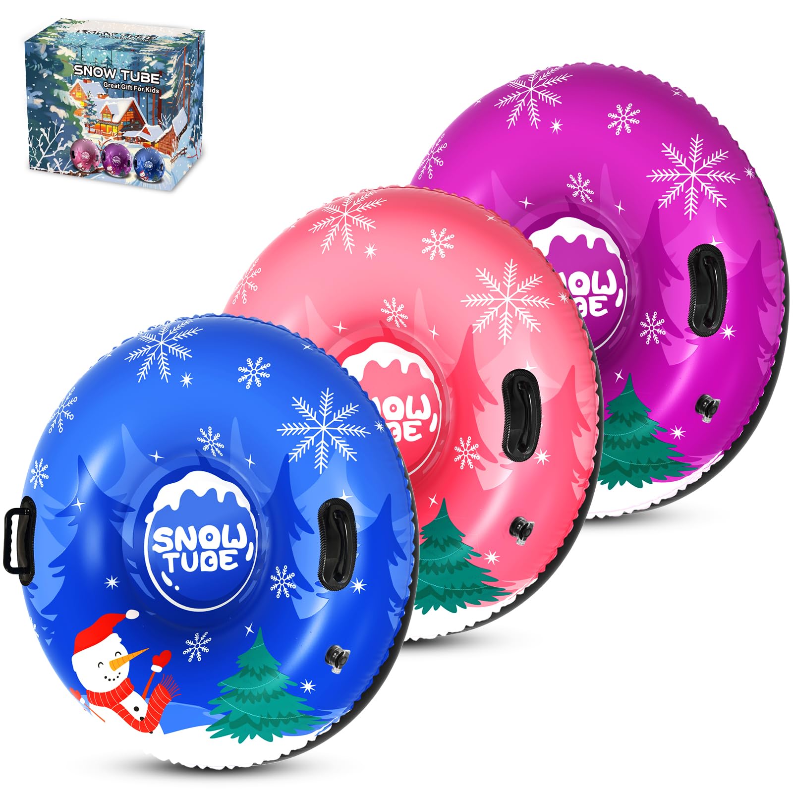 Menmek Snow Tube, 36‘’ 3Packs/4Packs Snowman Snow Tubes for Kids & Adults, Durable Cold-Resistant PVC Inflatable Snow Sled, Heavy-Duty Hard Bottom & Handles, Perfect for Family Boys Girls Sports Fun