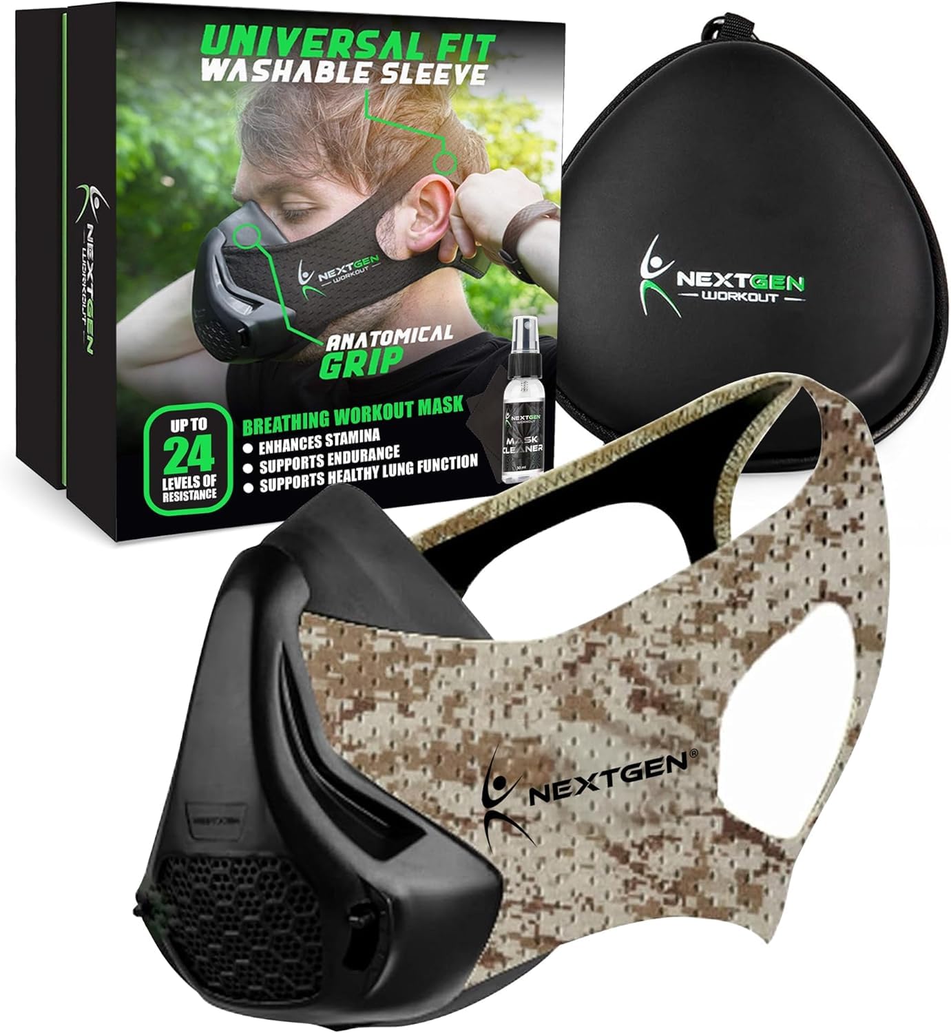 NEXTGEN Breathing Workout Mask - Enhance Stamina & Endurance | 24-Level Adjustable Airflow for Optimal Lung Performance | Elevate Cardio & Gym Training for Men (Beige Camo)