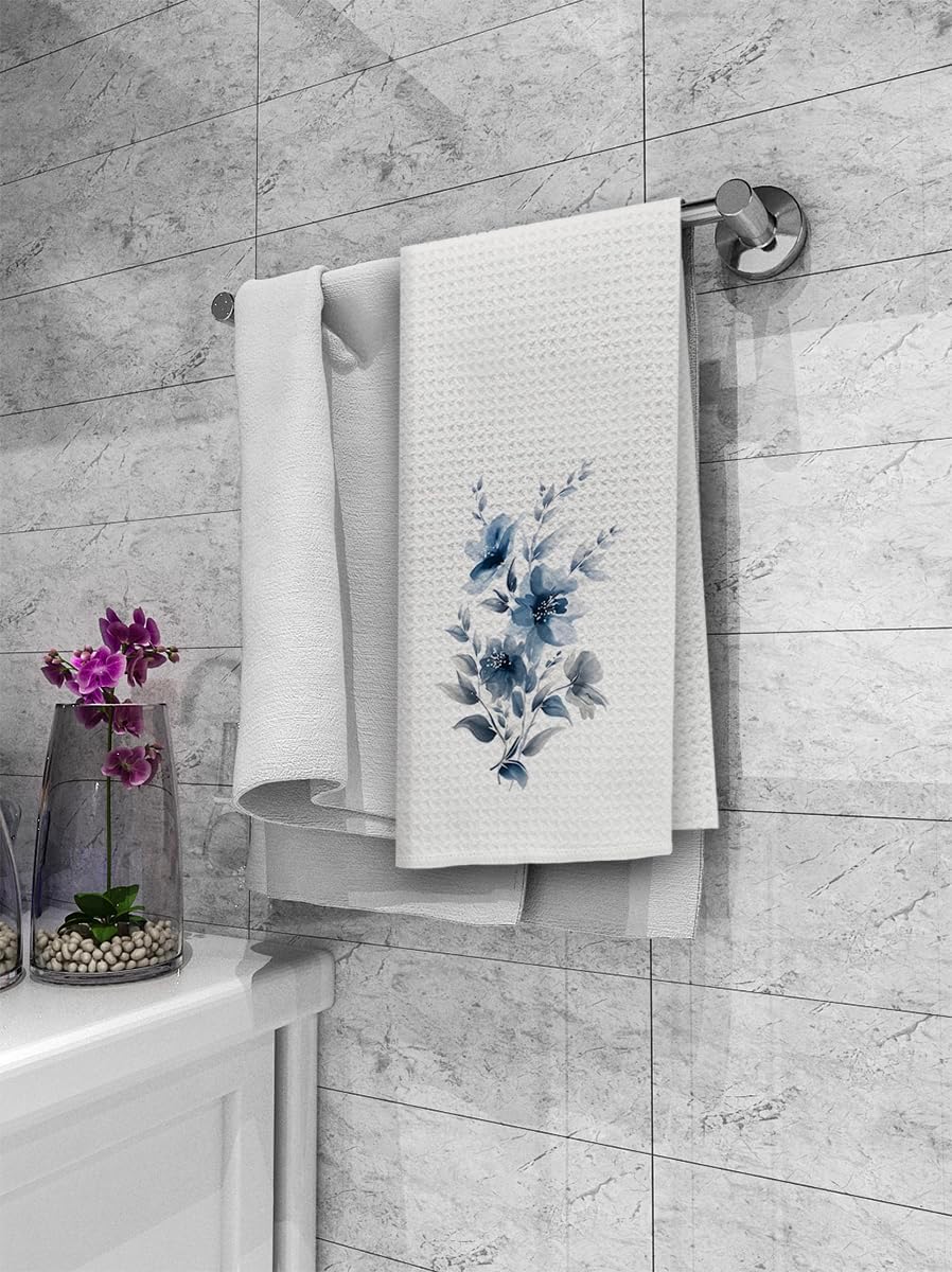 Dibor Blue Floral Kitchen Towels Dishcloth Set of 2, Minimalist Blue Floral Decor Dish Towels, Retro Aesthetic Flower Botanical Decorative Dish Towel Hand Tea Towel for Bathroom Kitchen, 16x24 in