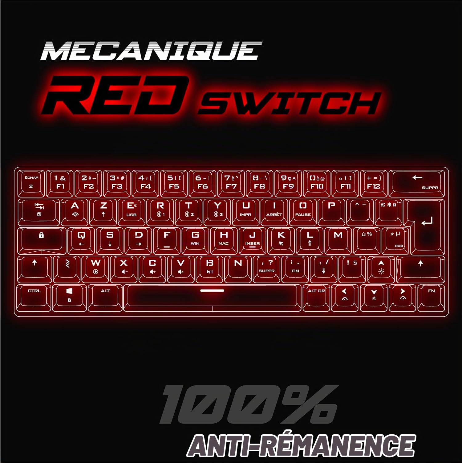 Spirit Of Gamer XPERT K200 | Clavier Gamer sans Fil & Bluetooth RGB | TKL AZERTY Ultra Compact 60% | Switches Rouges mécaniques Anti-Ghosting | Compatible Windows, Smartphone & Tablette (Blanc)
