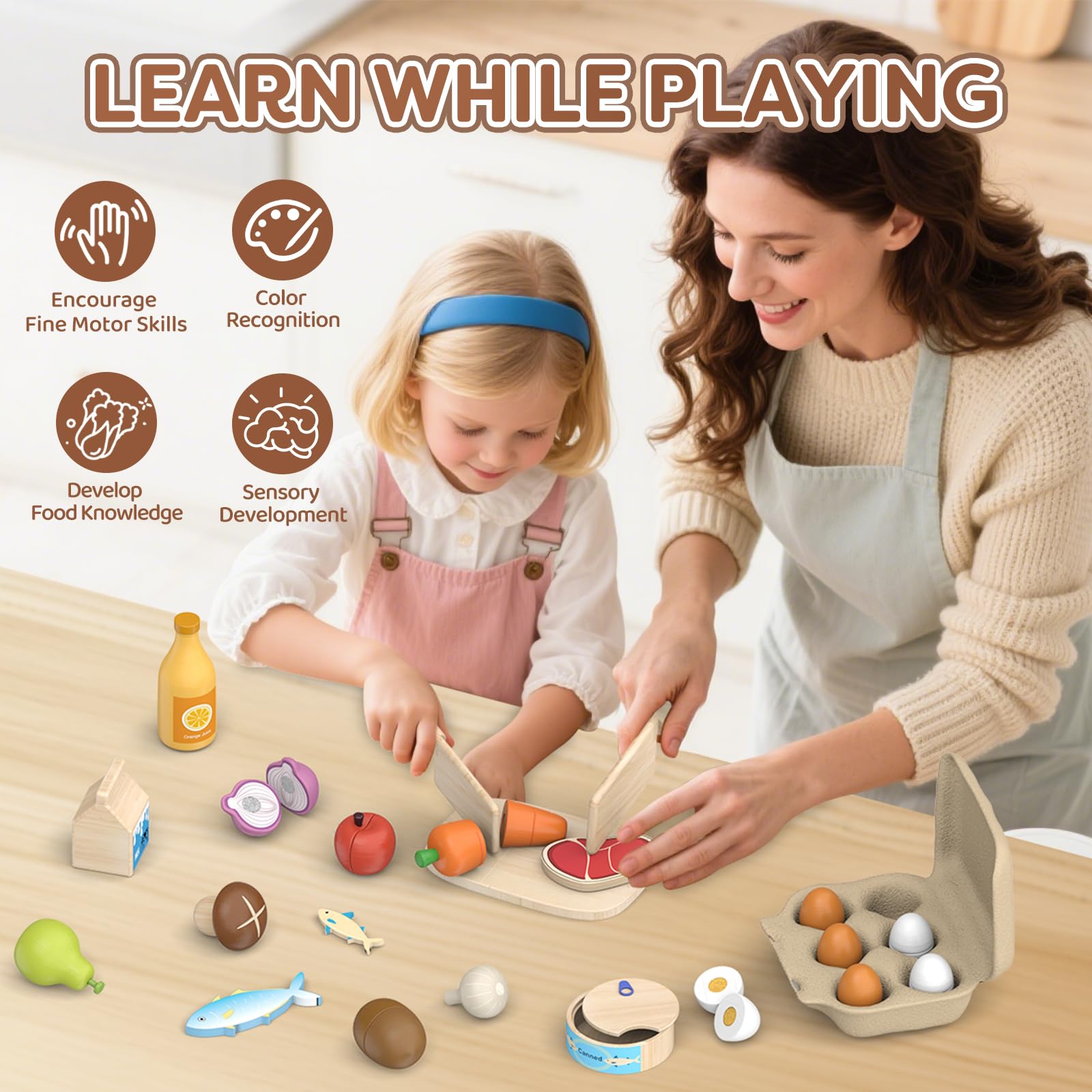 Kinderküche Zubehör Holz, Spielküche Zubehör Obst Gemüse Schneide Spielzeug | Lebensmittel Holzspielzeug mit Tasche, Rollenspiel Lernspielzeug Jungen Mädchen ab 3 Jahre