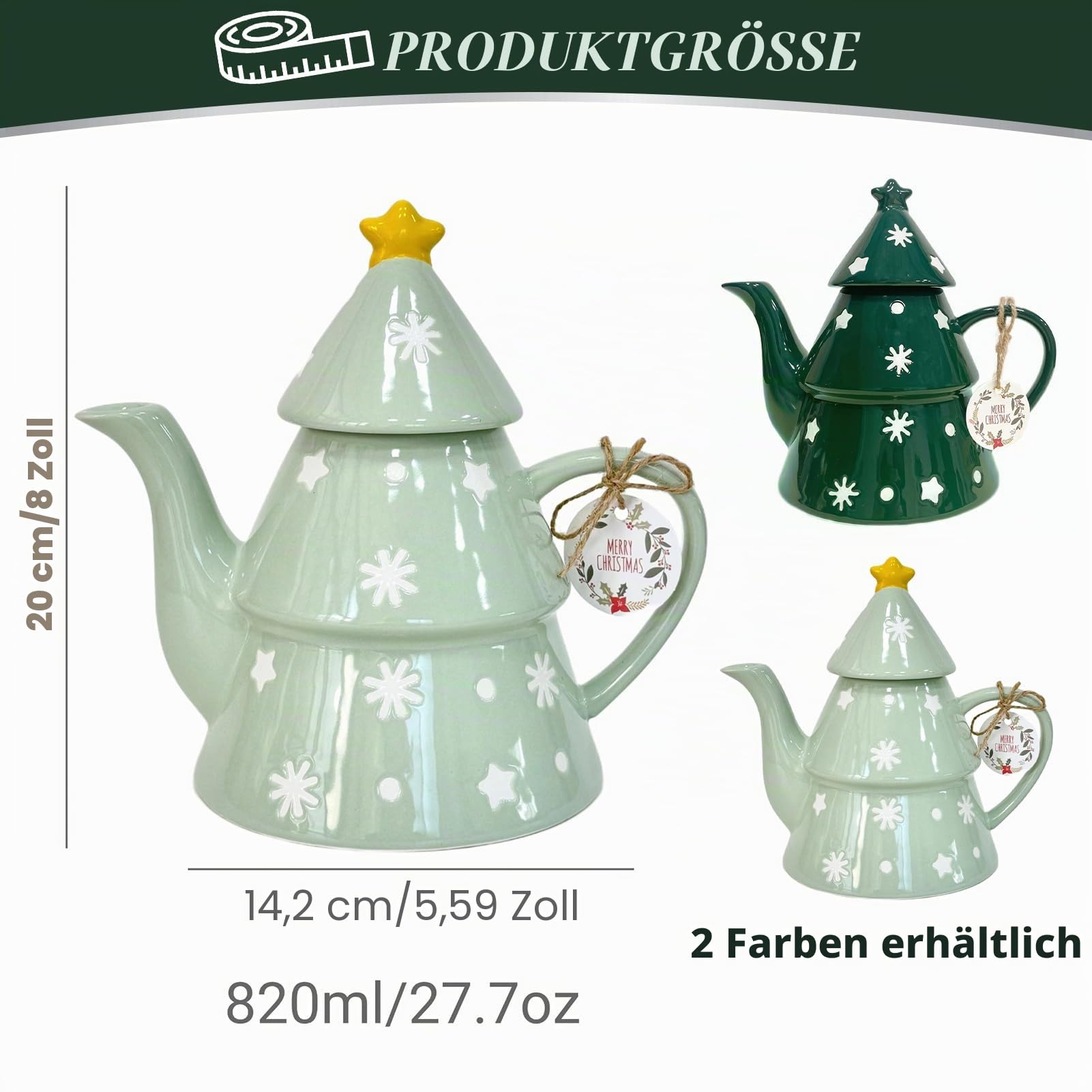 Teekanne Weihnachten, Porzellan Weihnachtsdekorationen, Keramik Weihnachtskanne Kaffee Tee, 820 Ml Süße Weihnachten Kaffeetasse, Kaffeekanne Mit Weihnachtsbaum Perfekt Für Tee Und Kaffee (A)