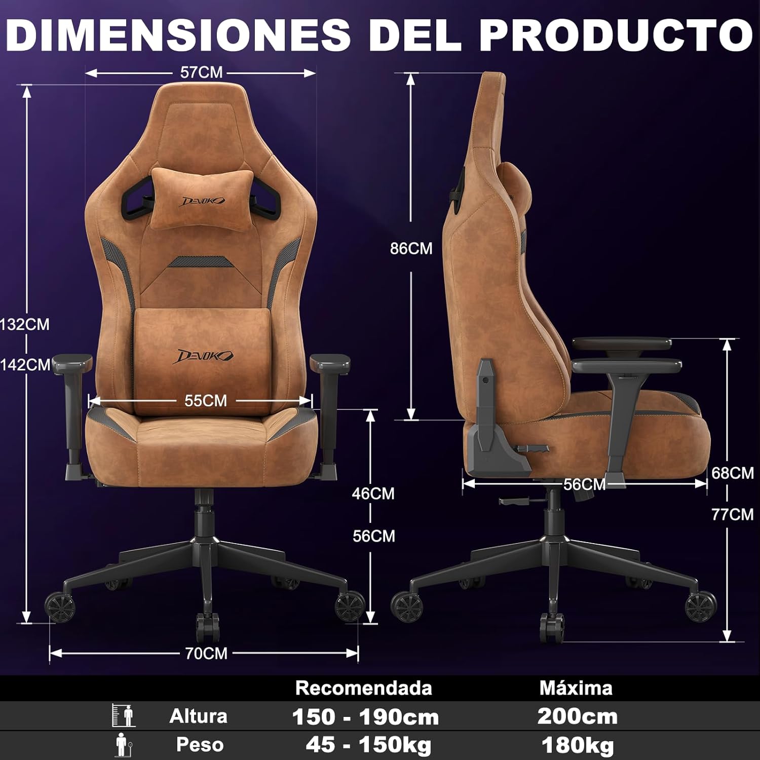 Diagram showing product dimensions of the Devoko Gaming Chair