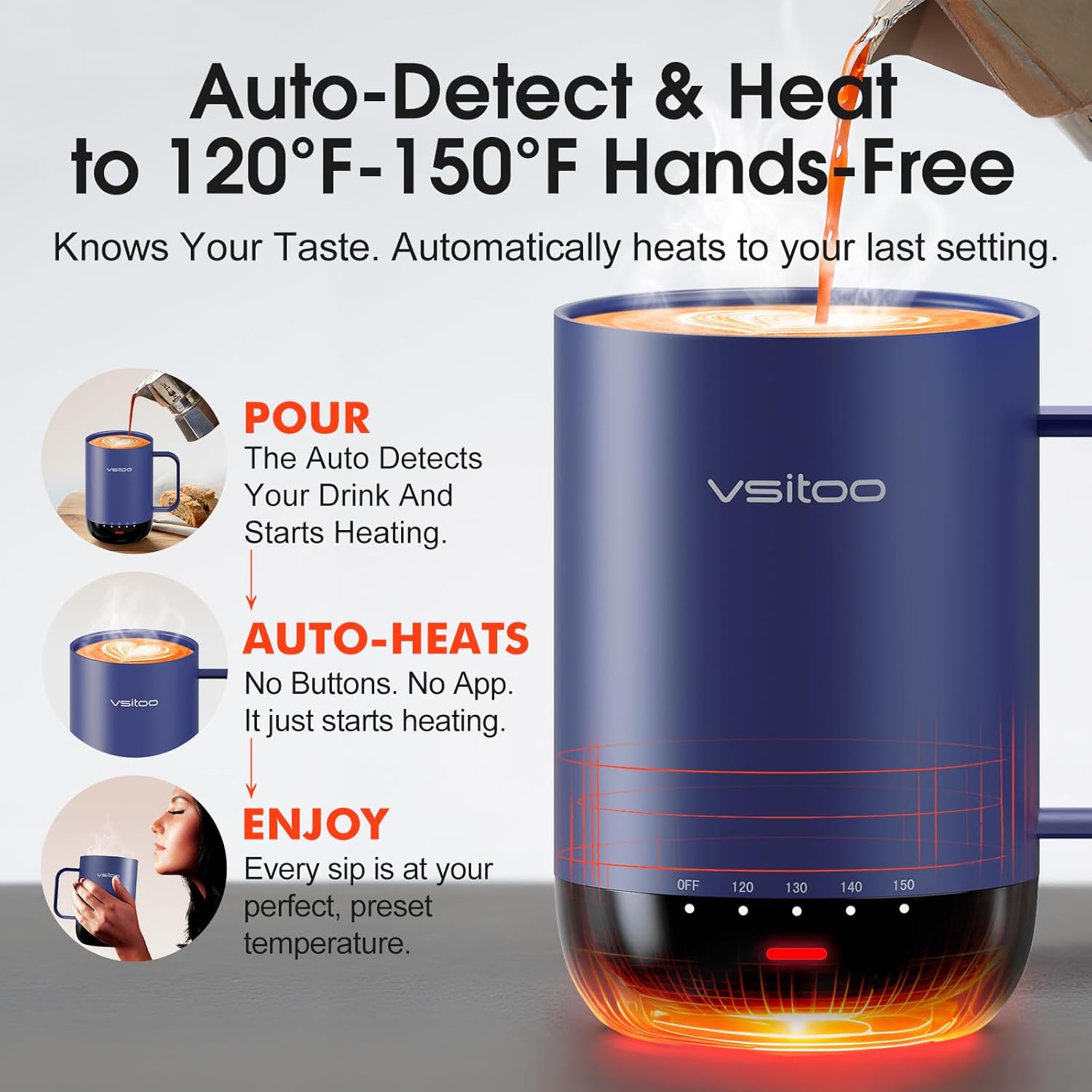 VSITOO S3 Pro 16oz Smart Self Heating Coffee Mug,Heated Coffee Mug with Auto-Sensing AI Heats Drinks to 120-150°F Hands-Free.Perfect for Home/Office,Ideal Gift fo Men/Women, Blue