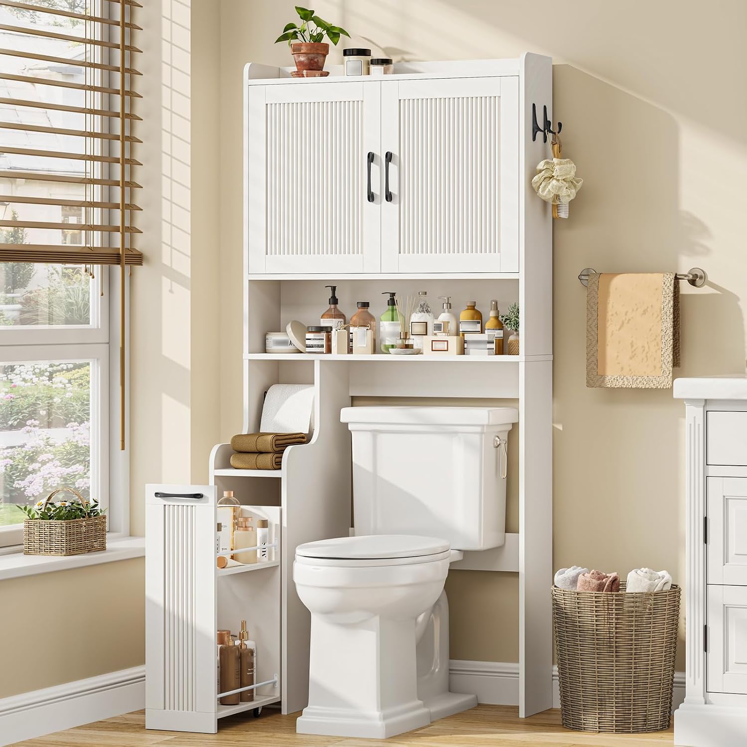 Halitaa Over The Toilet Storage Cabinet with Pulley, Space Saver Fluted Bathroom Organizer with Open Shelves, Anti-Tipping, Toilet Paper Holder Stand Toilet Rack for Bathroom, Laundry(White)