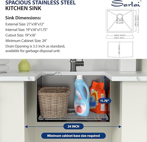 Miniatura 136 de Sarlai - Fregadero empotrado con barra, de 10 x 18 x 8 pulgadas, pequeño, de acero inoxidable, de calibre 16, simple, para RV Acero inoxidable,Negro