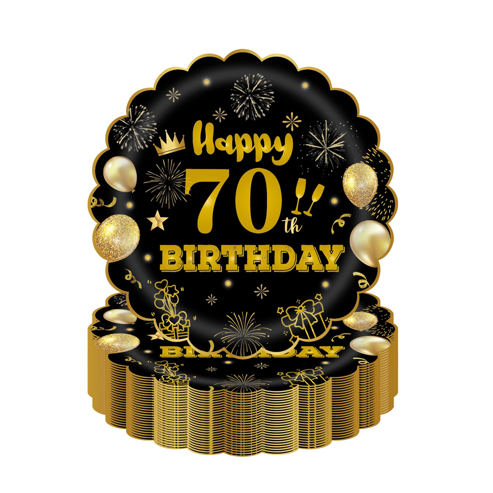 EVYIENEN 50Pcs 70th Birthday Party Paper Plates,7inch Disposable Black and Gold Scalloped Dessert Party Plates for Birthday Wedding Anniversary