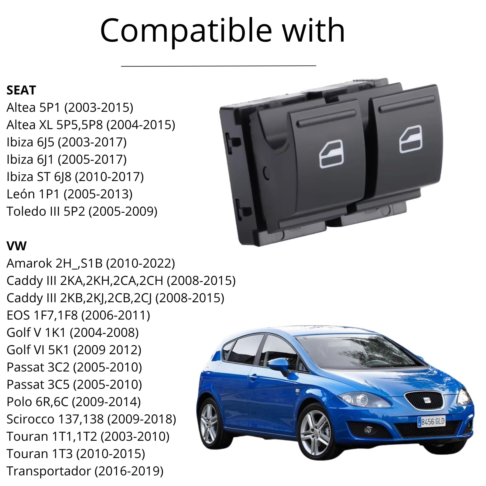 Twowinds - Interruttore Alzacristallo 1K3959857A Compatibile con Seat Ibiza Leon Toledo, VW Golf - Porta Anteriore Sinistra (lato guida) - Pulsantiera Finestra - Pulsante Alzacristalli Anteriore