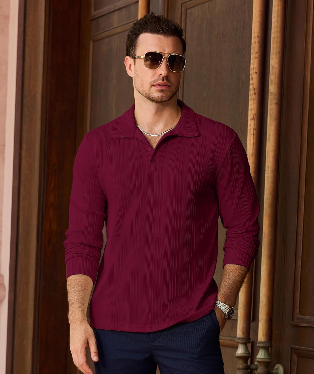 PRIVIMIX Mens Knit Polo Shirts Long Sleeve Fashion Textured Polo Sweater Stretchy Pullover Sweaters for Men Casual Golf Shirt - Image 2