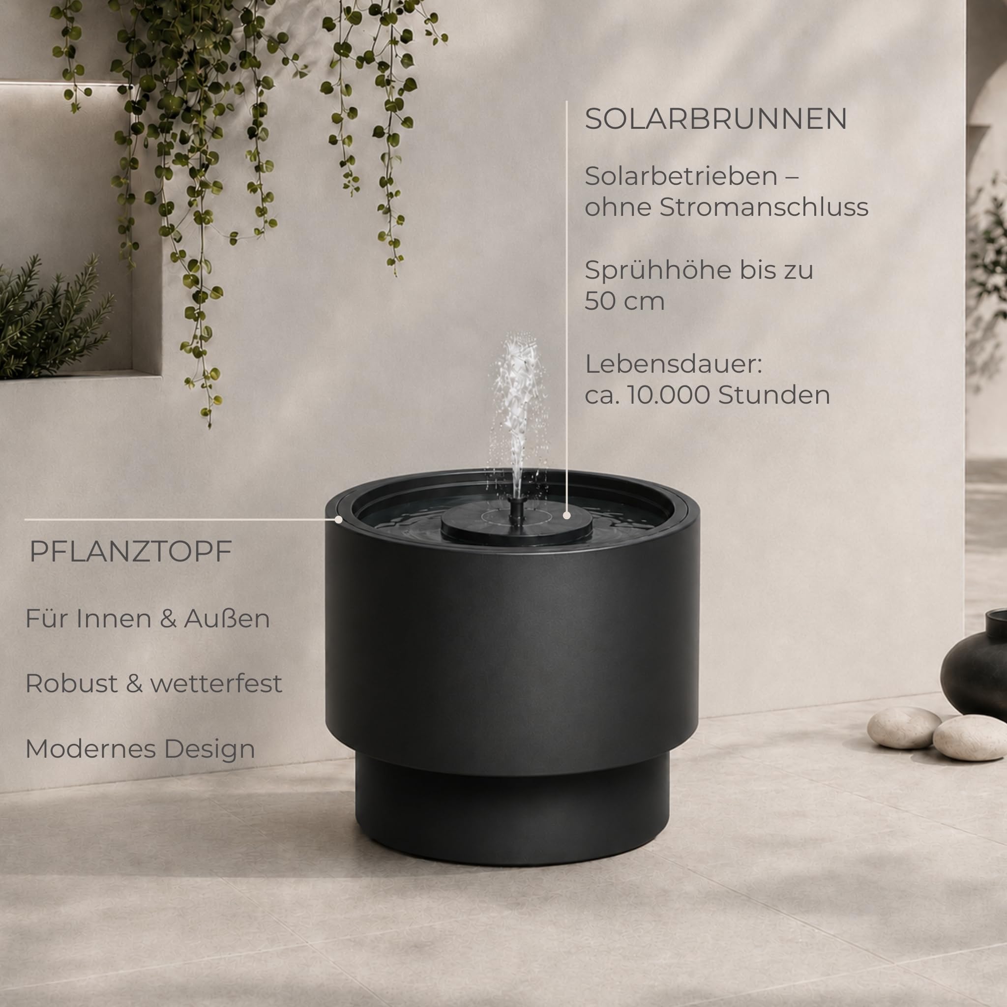 Solarbrunnen Set für draußen - Solar Springbrunnen mit Akku Ø 47x45 cm Schale weiß