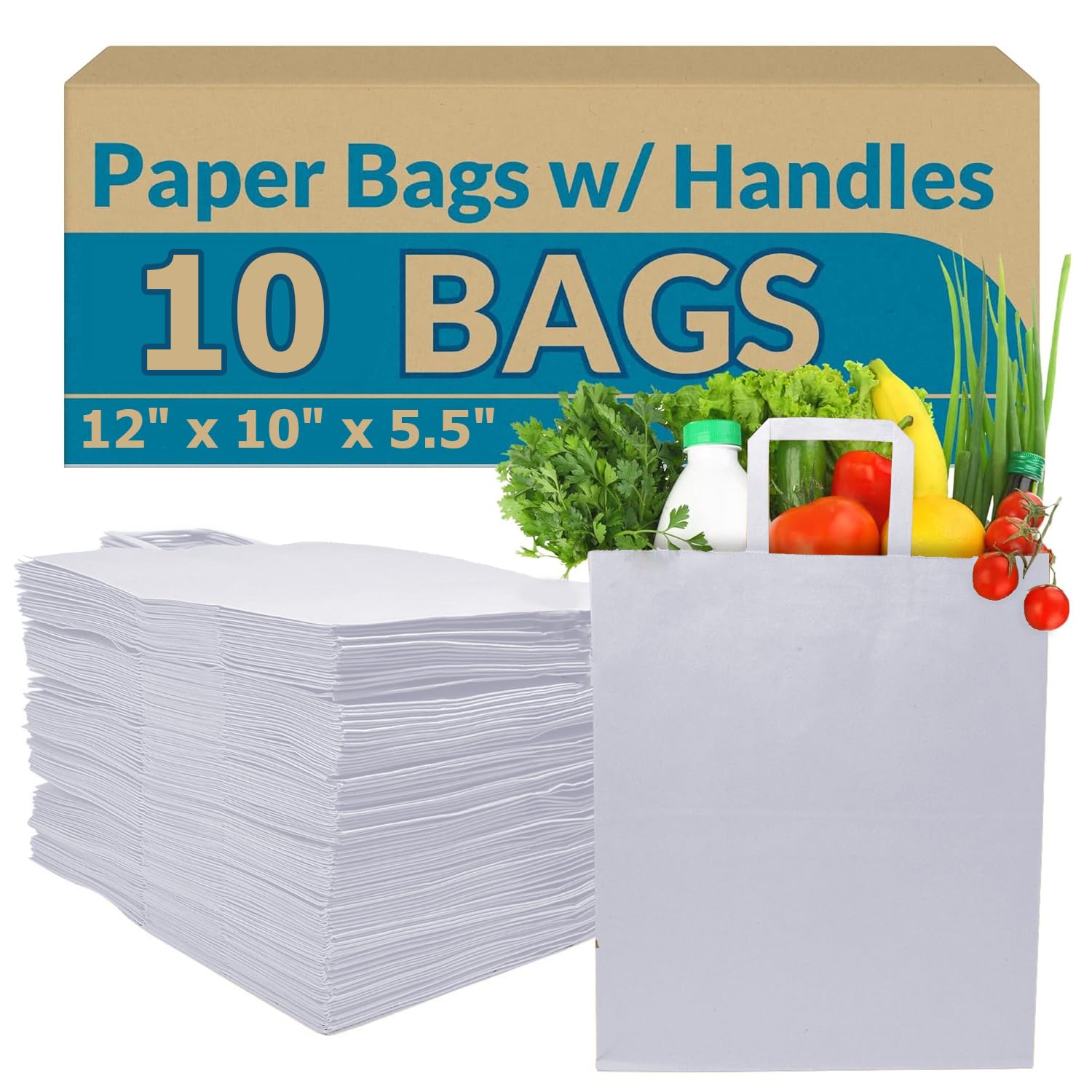 Aakriti Strap Handle Paper Grocery Bags w/Handles Paper Grocery Bags, Shopping Bags w/Handles - Heavy Retail Bags, Return Gift Bag, Kraft Paper Bags (White-10 Bags, Large: 12" x 10" x 5.5") (B0DBPJKX8Q) Amazon Price History, Amazon Price Tracker