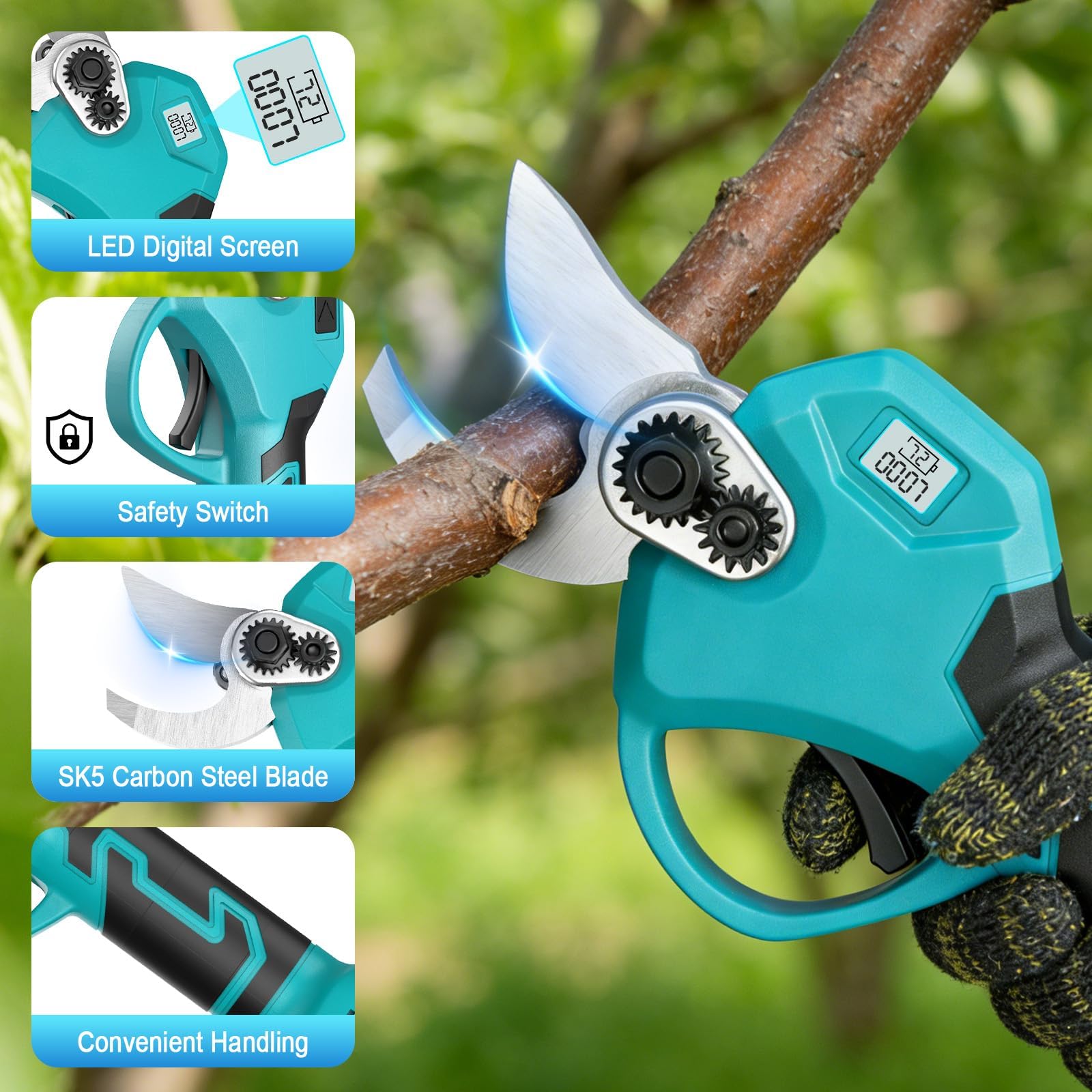 21V 2Ah Akku Gartenschere,2000mAh Gartenschere Akku Elektrische Astschere,SK5 Klinge 30mm Schnittkraft mit 2 Akku & LED-Schnittzählerm für effizientes Beschneiden
