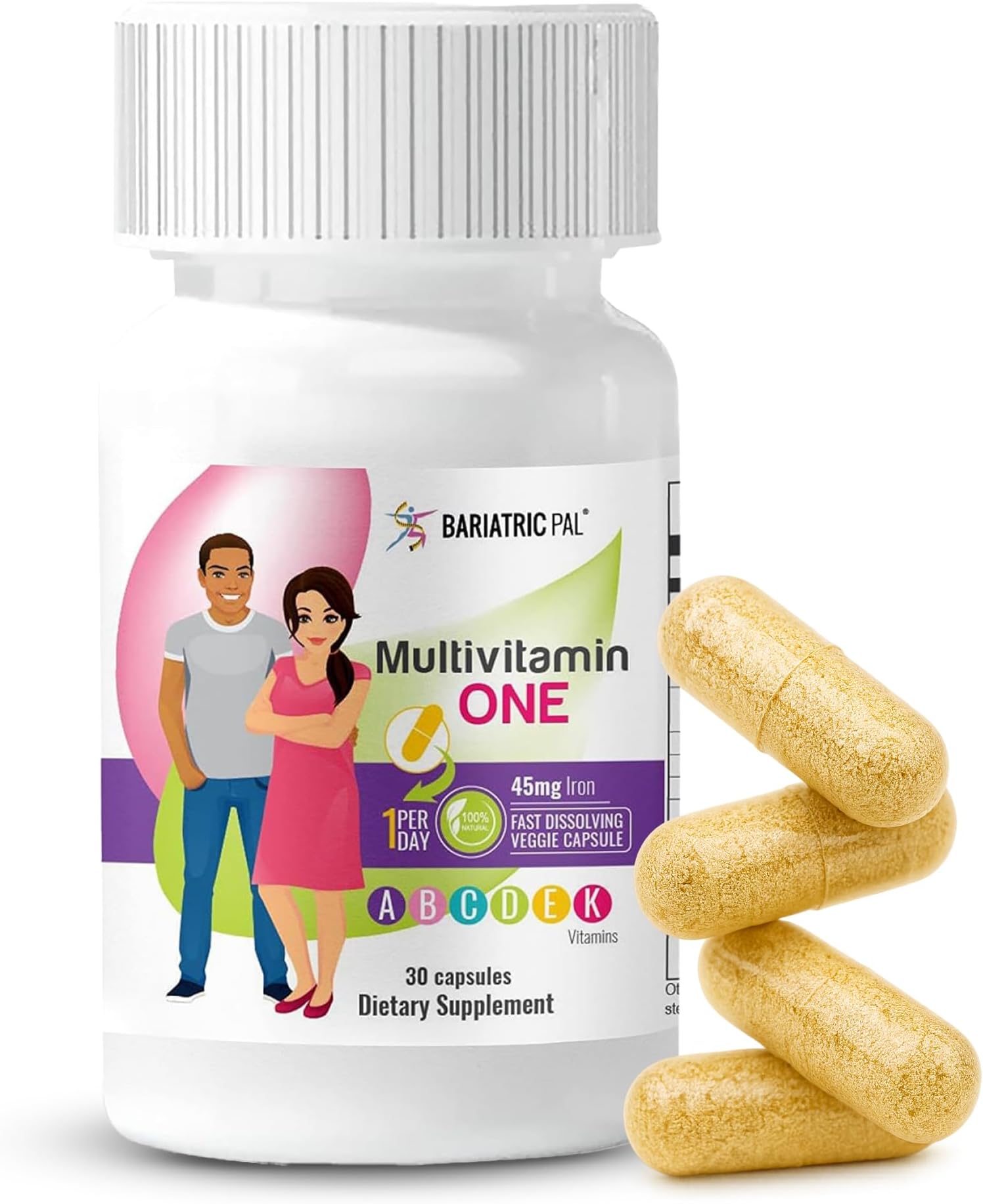 BariatricPal Multivitamin ONE 1 per Day! Bariatric Multivitamin Capsule with 45 mg of Iron | Easy to Swallow Capsule | Vitamin for Bariatric Surgery Patients | 30 Count (1 Month Supply)