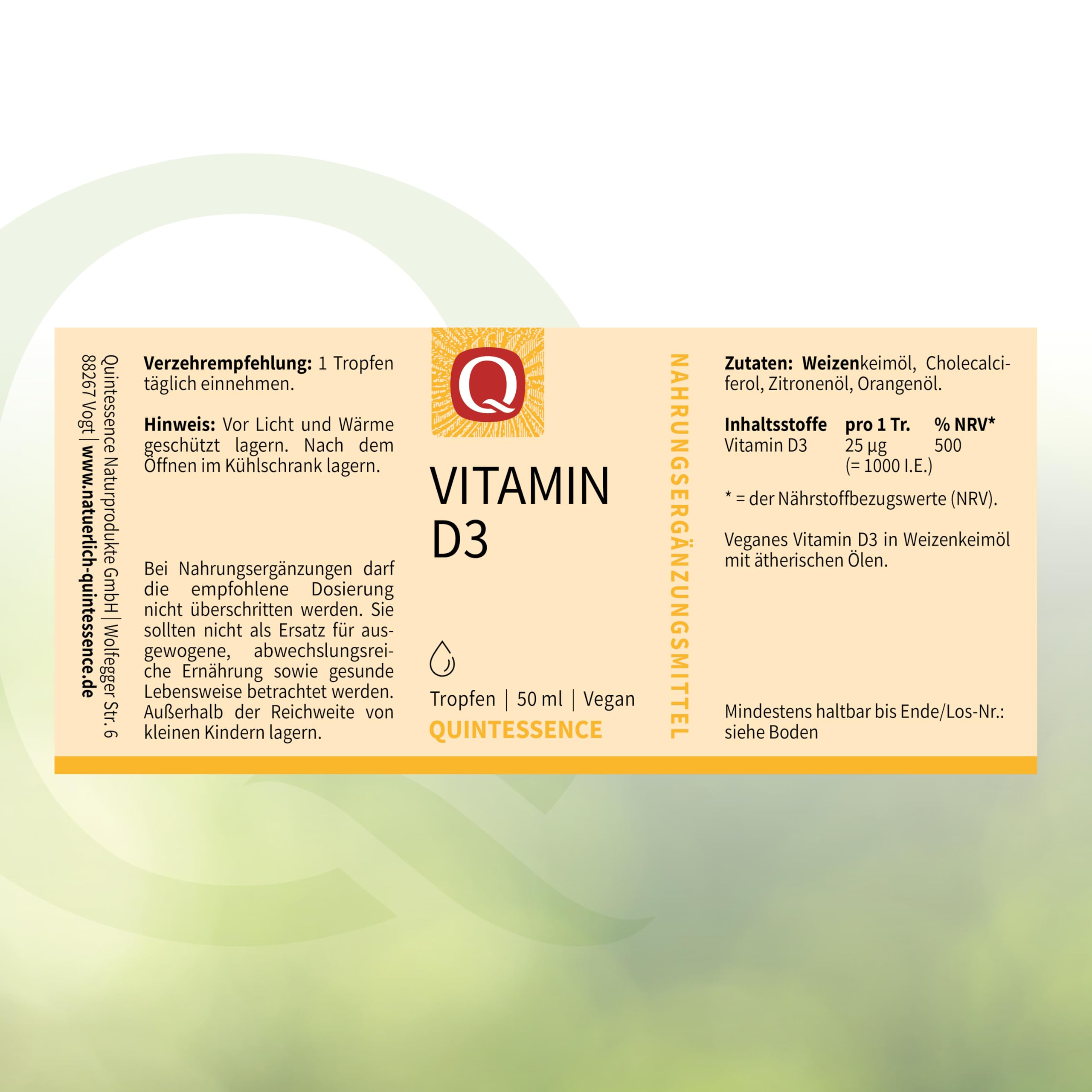 Vitamin D3 Tropfen, 50 ml, 1.000 I.E. pro Tropfen, mit Pipette, Quintessence