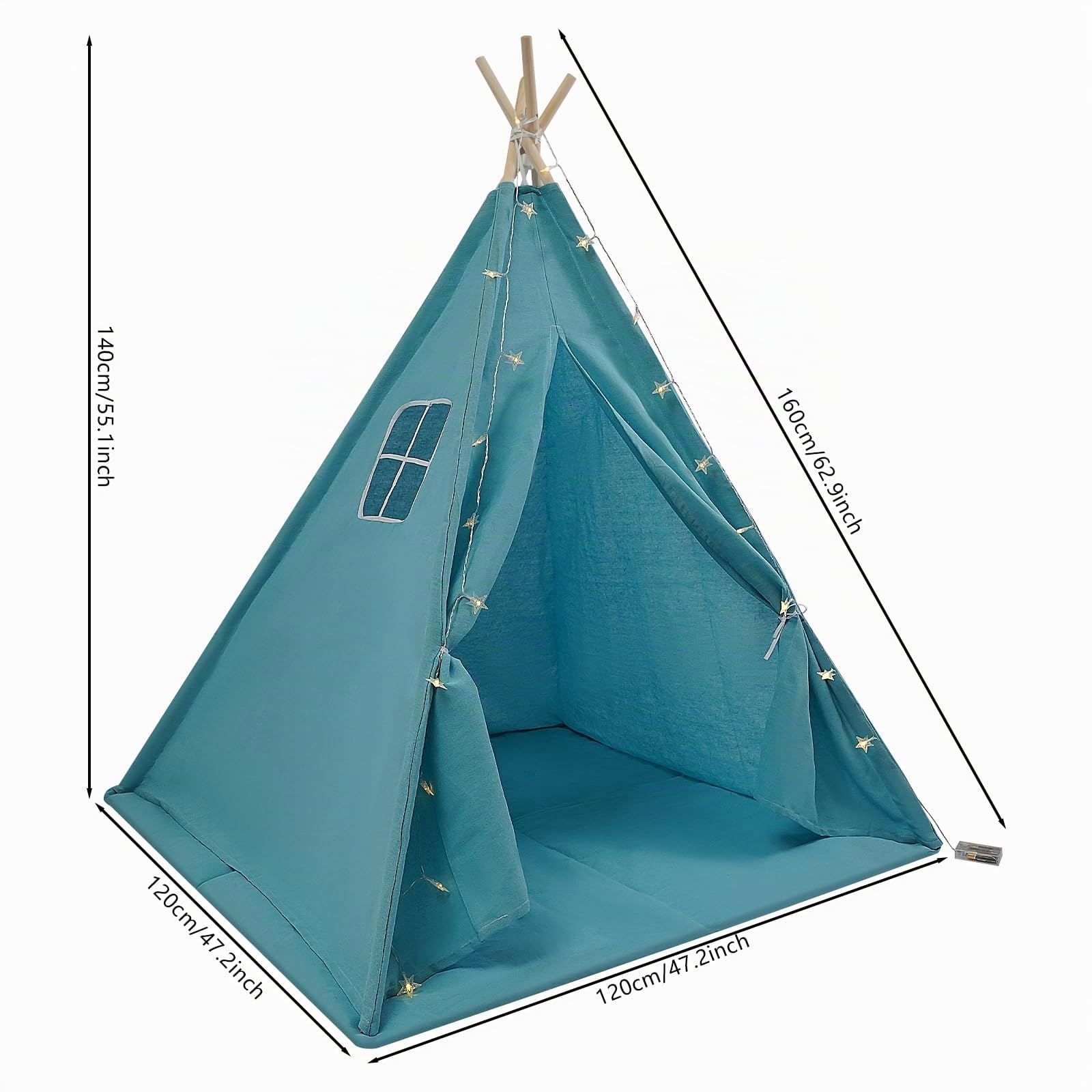 Tente Tipi pour enfant avec tapis de sol et guirlande lumineuse - Tente de jeu pliable en coton 120 x 120 x 140 cm Bleu
