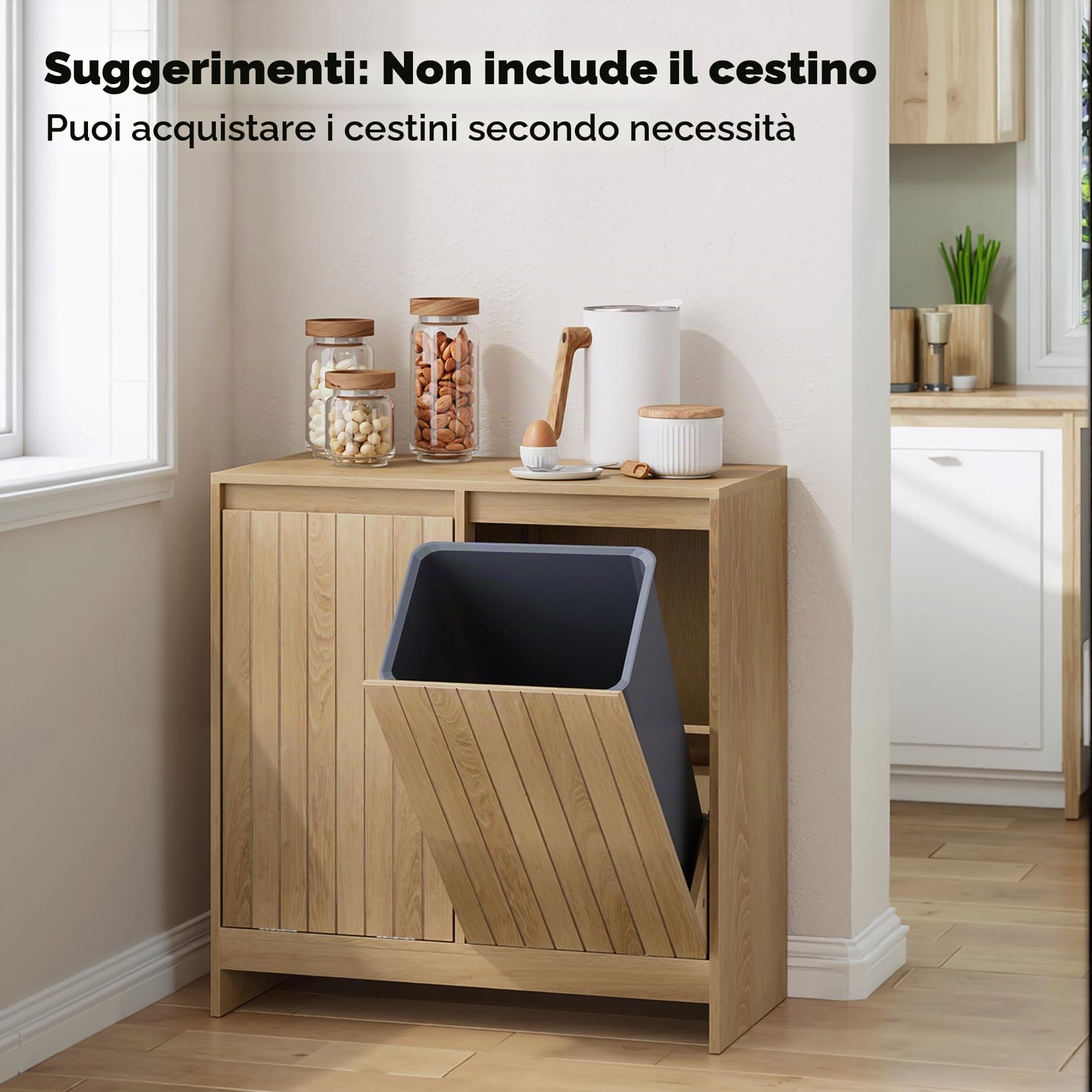 Smuxee Armadietto per la biancheria con doppio scomparto inclinabile, portaoggetti nascosto con due cestini, pattumiera naturale per cucina e bagno