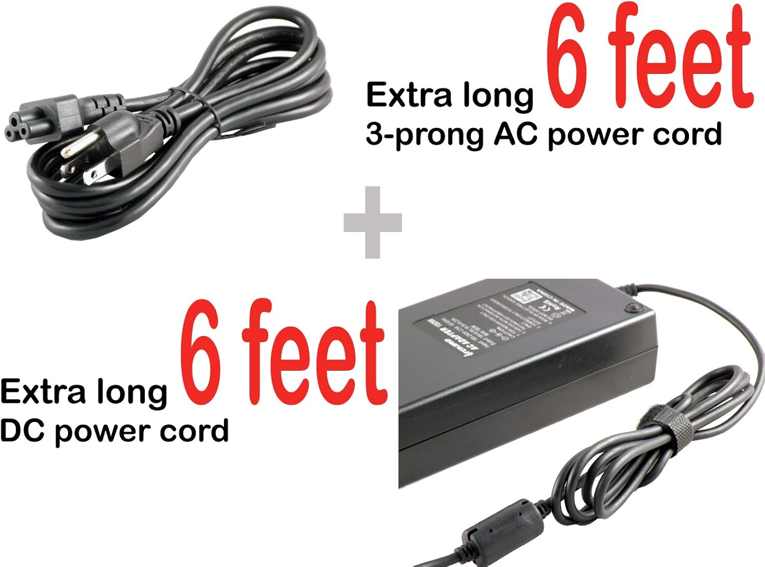 Extra long 6-foot AC and DC power cords