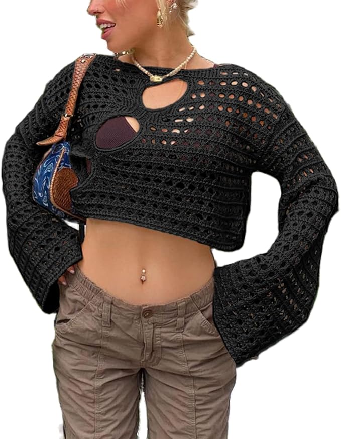 Women Y2K Hollow Out Top Long Sleeve Crochet Knit Crop Tops Sexy See