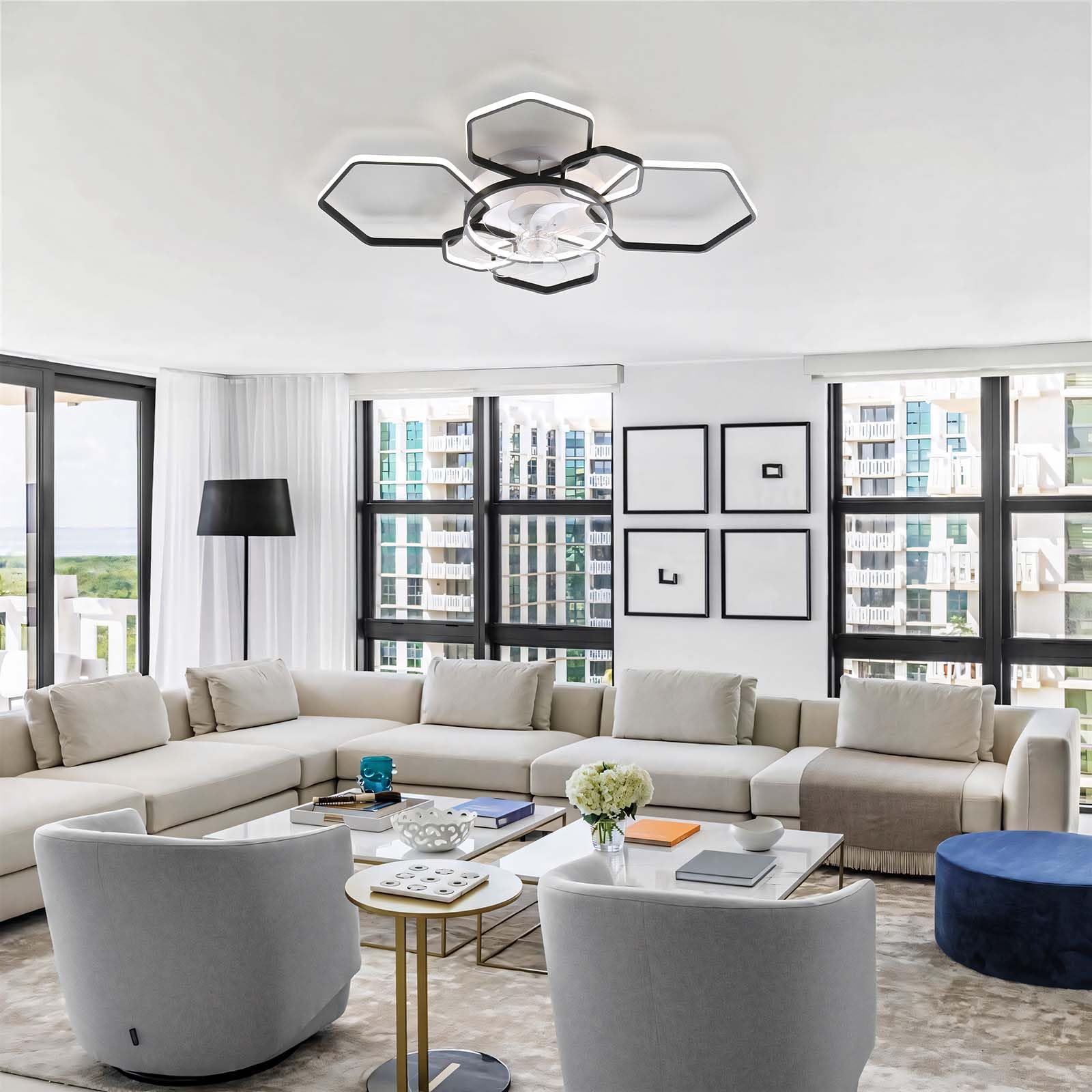 Groß Lampe Mit Ventilator LED Dimmbar Schlafzimmer Deckenventilator Mit Beleuchtung Fernbedienung Leise Reversibel Deckenleuchte Mit Ventilator Modern 6 Gang Smart Für Wohnzimmer, Küche-Schwarz