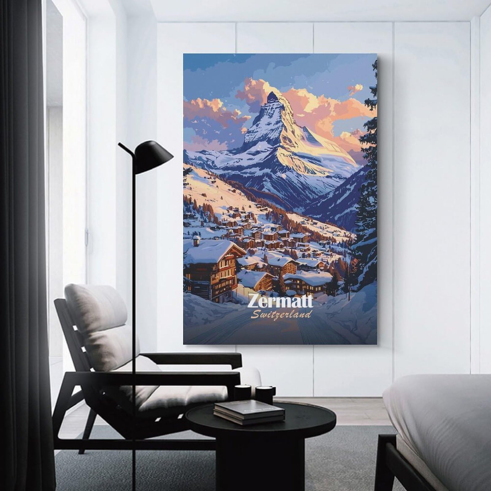 Junmoney Zermatt Switzerland Mountain View Room Decor Wall Art, 24x36inch(60x90cm), for Gallery Wall Decor And Room Displays, Decorative Artwork with Flexible Styling