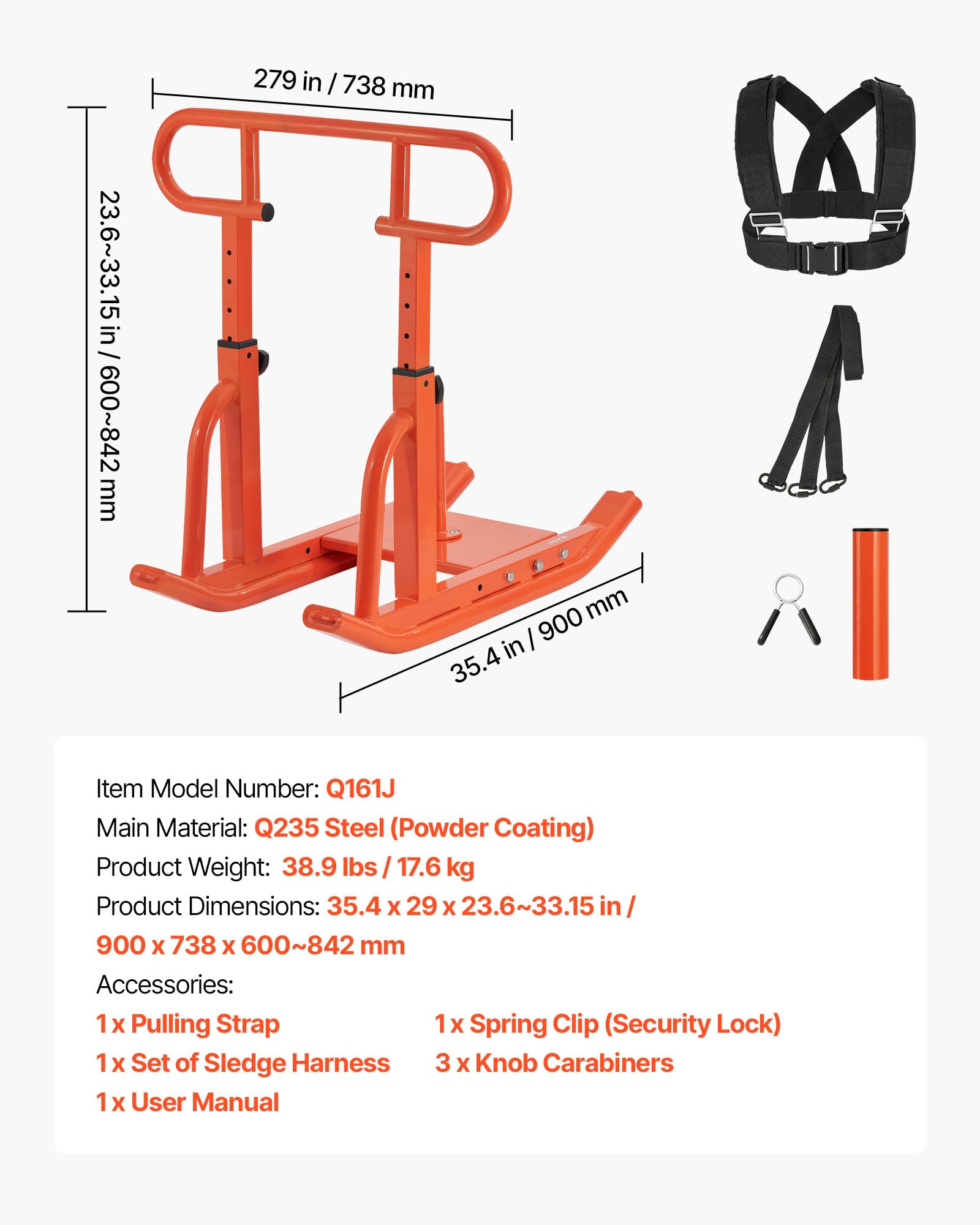 VEVOR Traîneau de Puissance en Acier, Équipement d'Entraînement de Force, Vitesse et Explosivité avec Poignée Réglable en Hauteur, Poussée et Traction, Compatible avec Disques de 2,5 et 5 cm, Orange